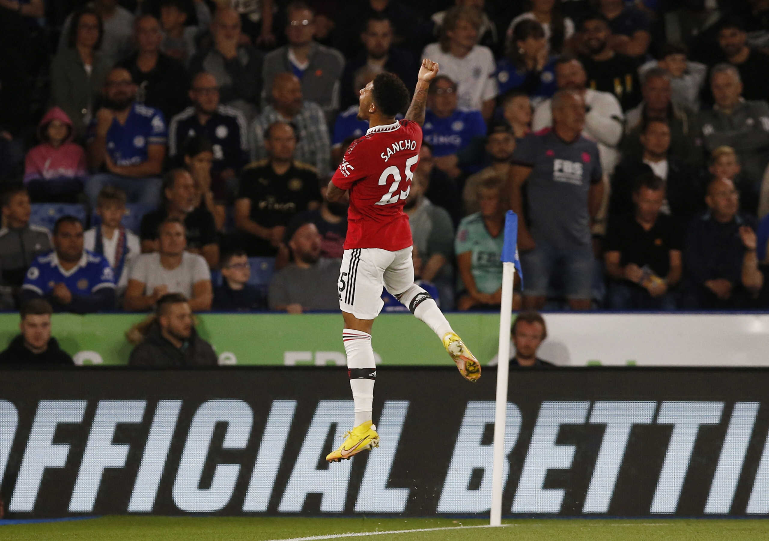 Soccer Football - Premier League - Leicester City v Manchester United - King Power Stadium, Leicester, Britain - September 1, 2022  Manchester United's Jadon Sancho celebrates scoring their first goal REUTERS