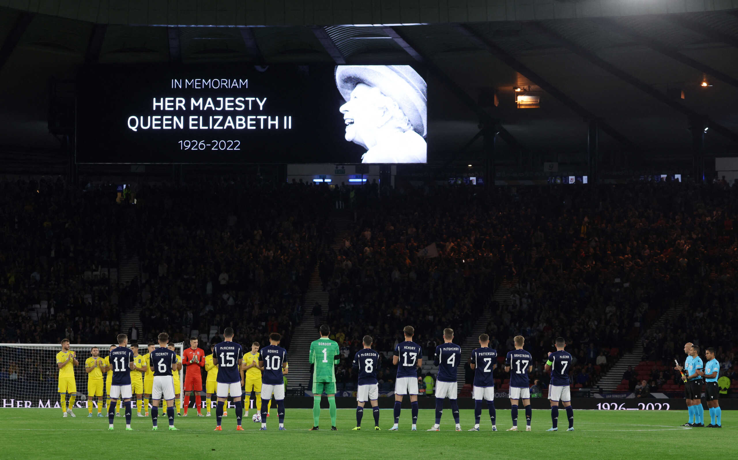 Soccer Football - UEFA Nations League - Group E - Scotland v Ukraine - Hampden Park, Glasgow, Scotland, Britain - September 21, 2022 General view of the teams and officials before the match following the death of Britain's Queen Elizabeth REUTERS