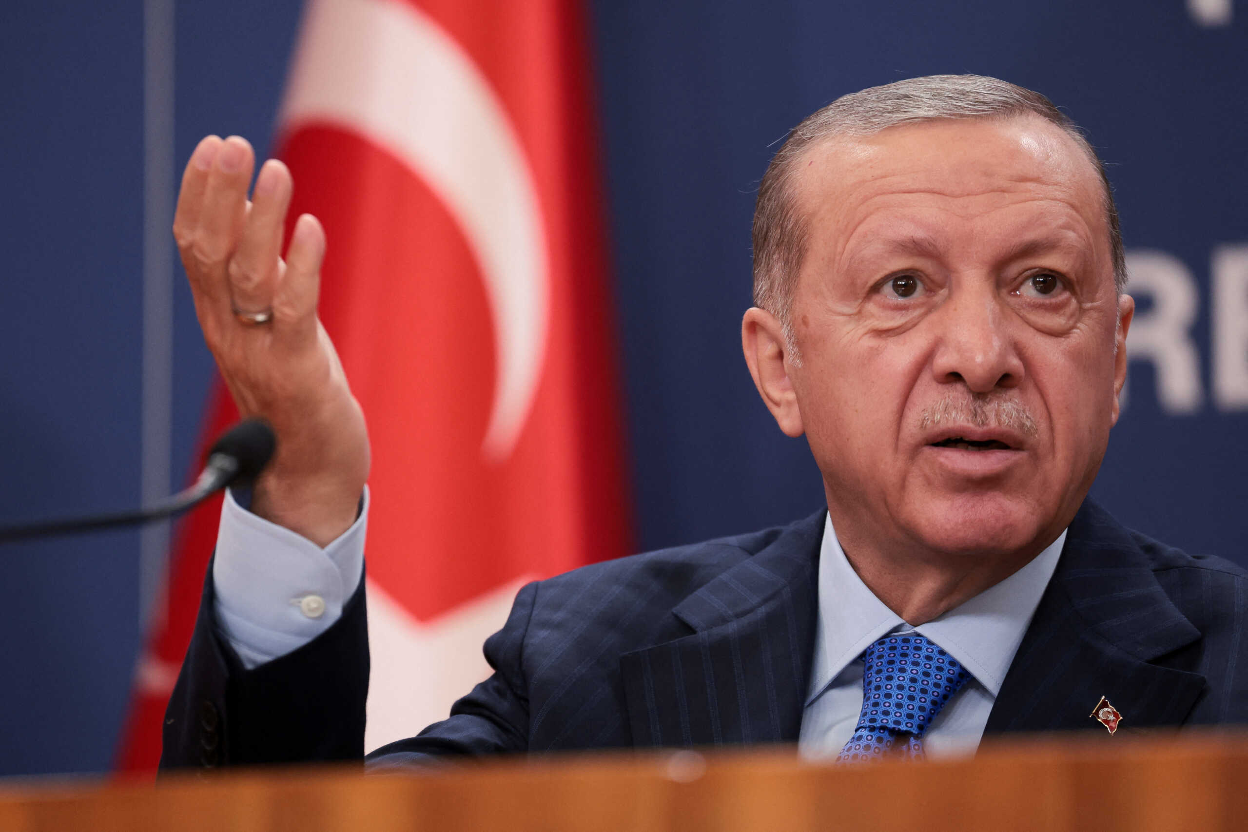 Turkish President Tayyip Erdogan speaks during a joint news conference with Serbian President Aleksandar Vucic (not pictured) during a visit to Belgrade, Serbia September 7, 2022. REUTERS