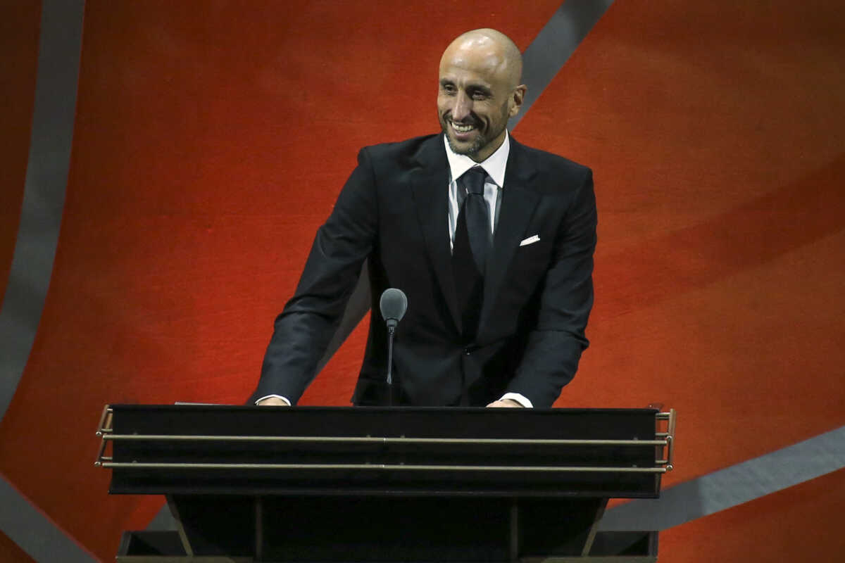 Sep 10, 2022; Springfield, MA, USA;  Manu Ginobili is inducted into the 2022 Basketball Hall of Fame at Symphony Hall. Mandatory Credit: Wendell Cruz-USA TODAY Sports