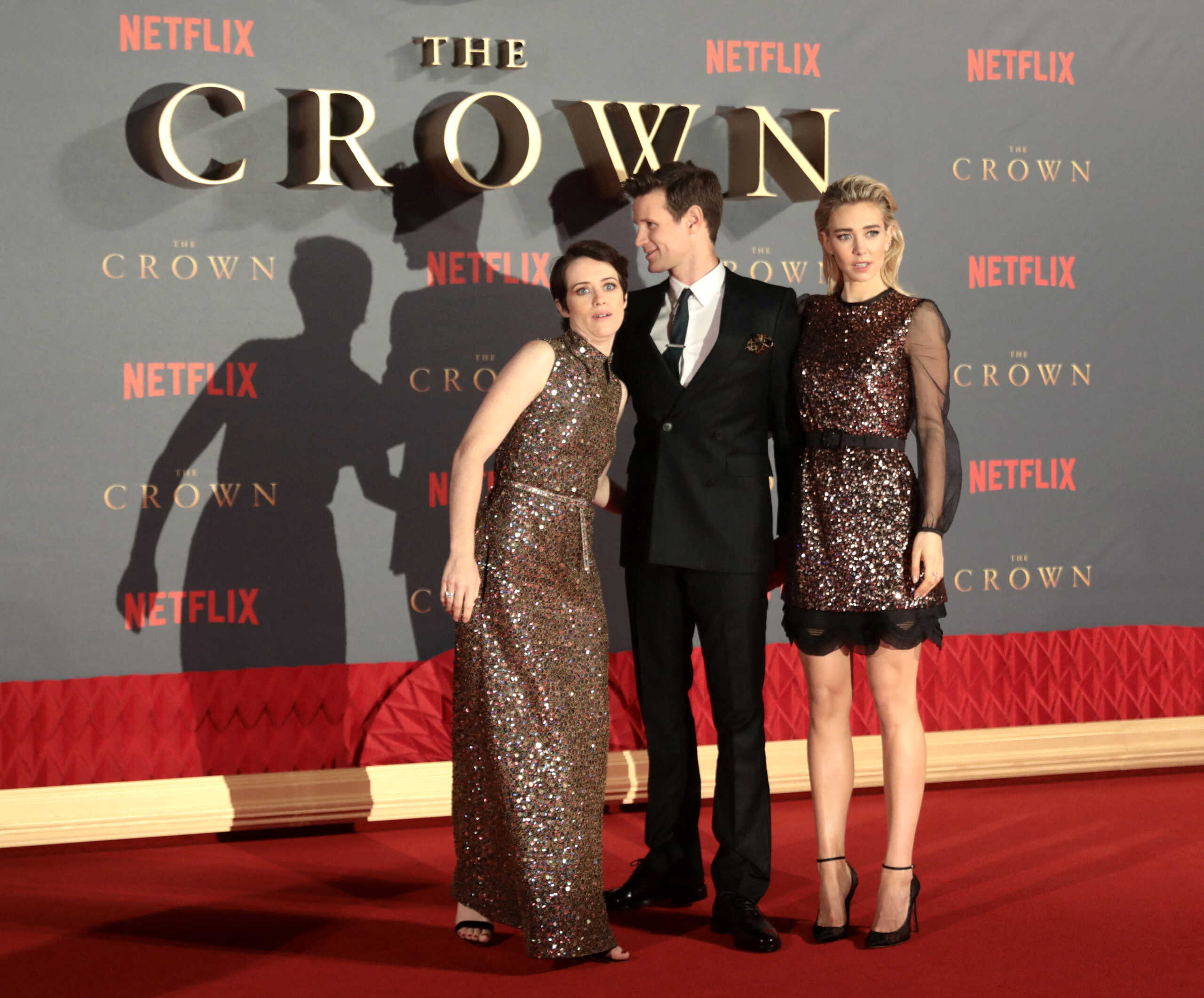 FILE PHOTO: Actors Claire Foy, who plays Queen Elizabeth II, Matt Smith who plays Philip Duke of Edinburgh and Vanessa Kirby who plays Princess Margaret, attend the premiere of "The Crown" Season 2 in London, Britain, November 21, 2017. REUTERS