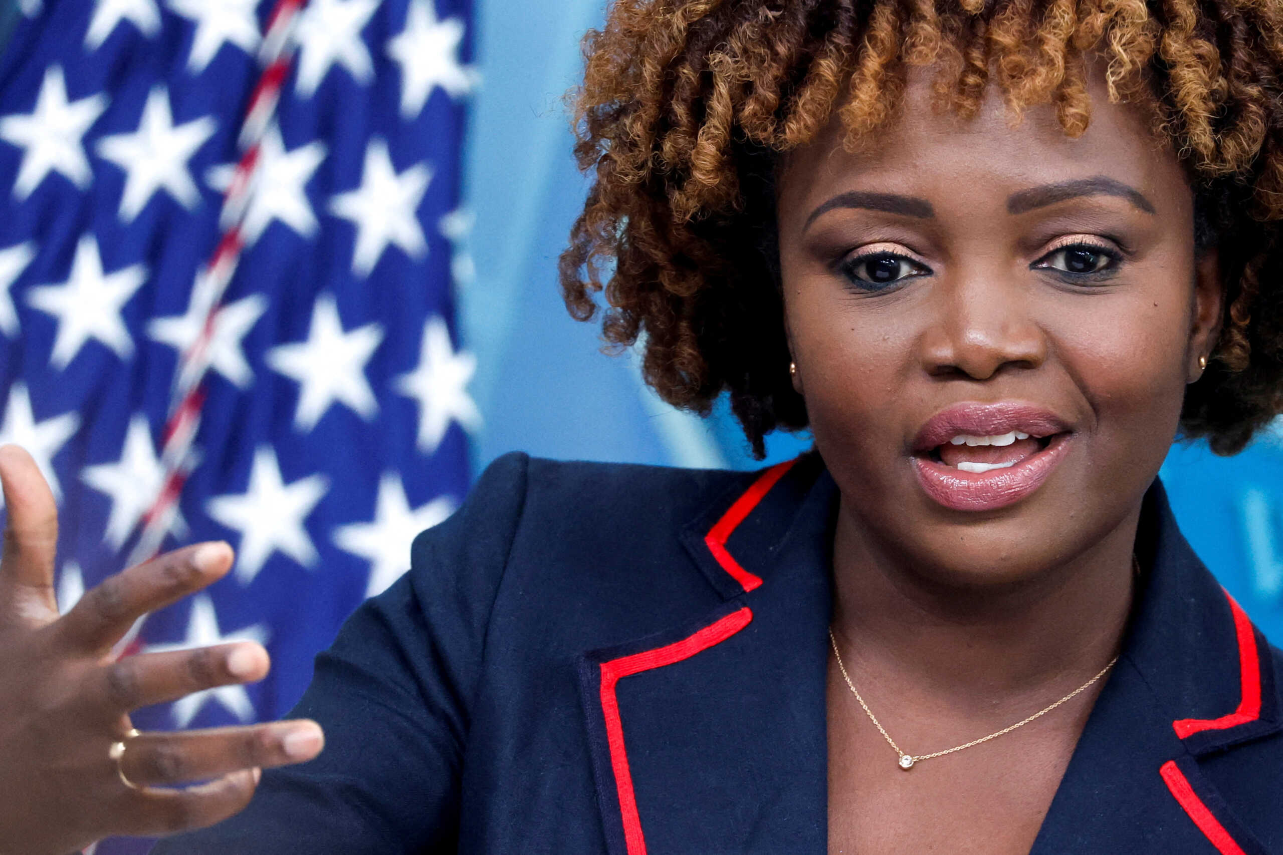 FILE PHOTO: White House Press Secretary Karine Jean-Pierre holds the daily press briefing at the White House in Washington, U.S. August 31, 2022.  REUTERS