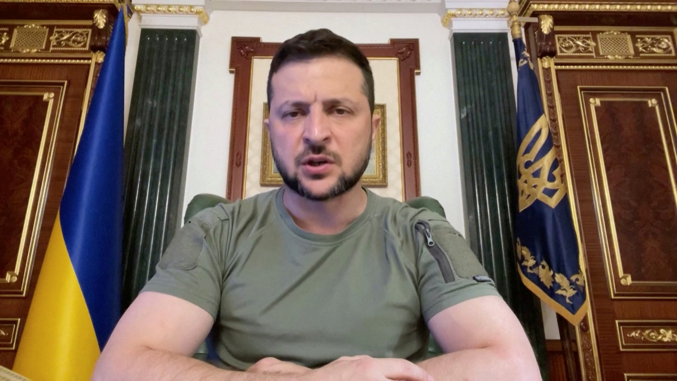 Ukrainian President Volodymyr Zelenskiy speaks during his nightly address where he mentions that Ukrainian troops will chase the Russian army "to the border", as his senior advisor confirmed Ukrainian troops had broken through Russian defences in several sectors of the front line near the city of Kherson, in this still image taken from video recorded in Kyiv, Ukraine, August 29, 2022. Ukrainian Presidential Press Service
