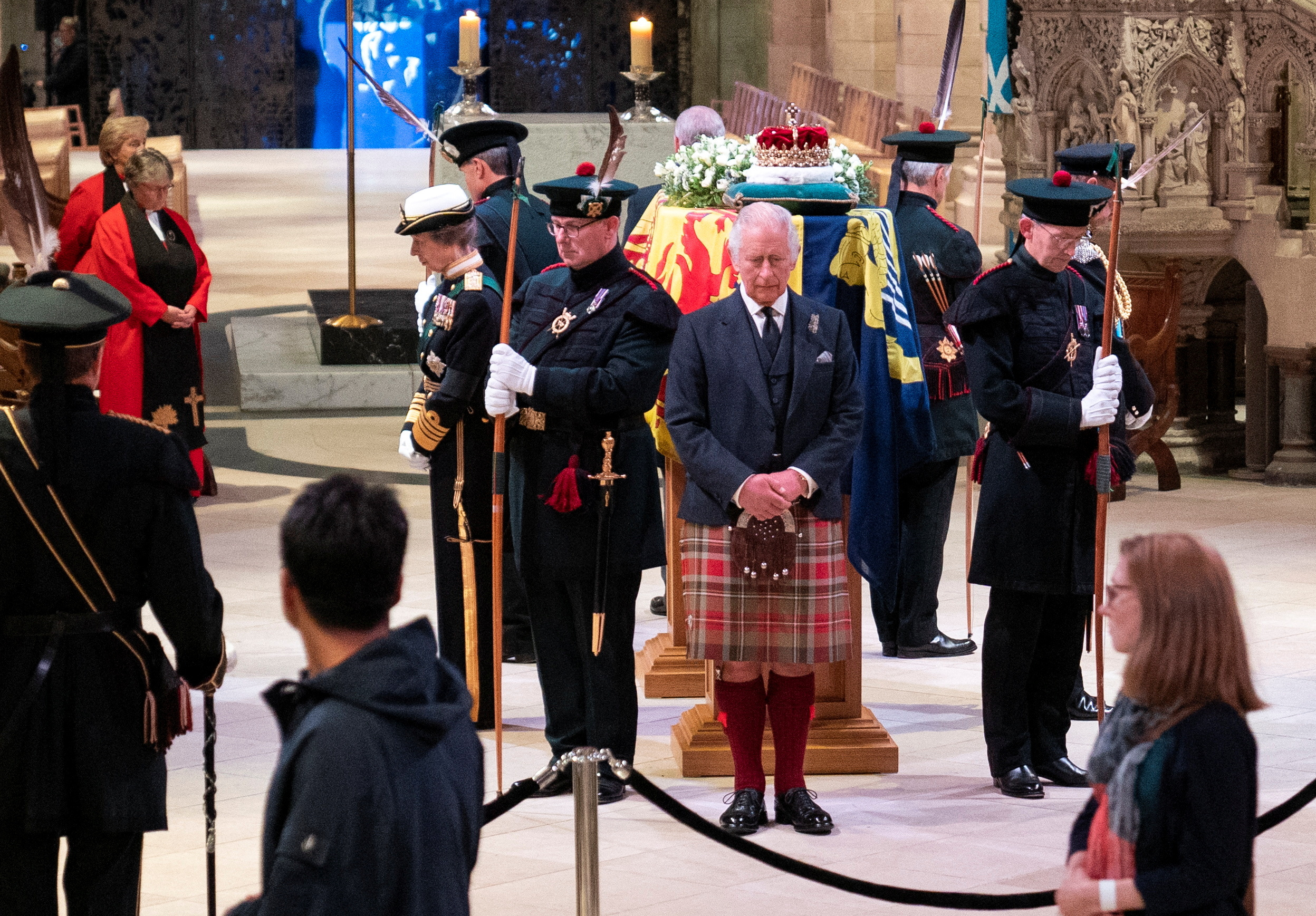 King Charles III and other members of the royal family hold a vigil at St Giles' Cathedral, Edinburgh, in honour of Queen Elizabeth II. Picture date: Monday September 12, 2022. Jane Barlow