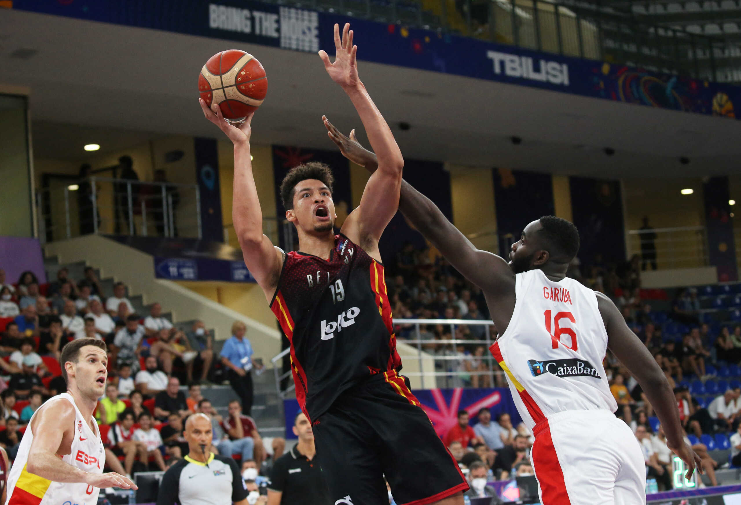 Basketball - EuroBasket Championship - Group A - Spain v Belgium - Tbilisi Arena, Tbilisi, Georgia - September 4, 2022 Belgium's Ismael Bako in action with Spain's Usman Garuba REUTERS