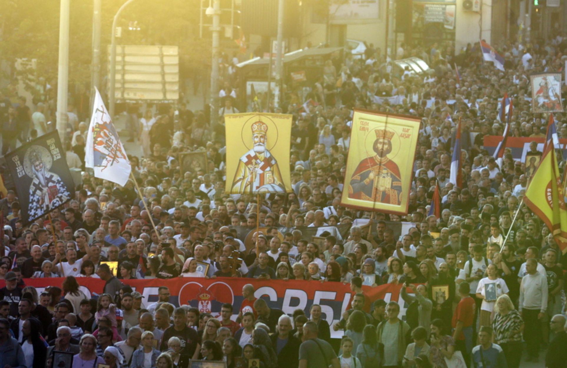 epa10178608 Protestors march during a protest against the international LGBTQ event EuroPride in Belgrade, Serbia, 11 September 2022. EuroPride, a pan-European international event dedicated to LGBTQ pride, is hosted by a different European city each year. Serbia's capital Belgrade is supposed to host the event on the 17 September 2022, but according to country leaders, citing threats from right-wing extremist groups and fears of clashes the final decision on whether the event will be held has not been confirmed.  EPA