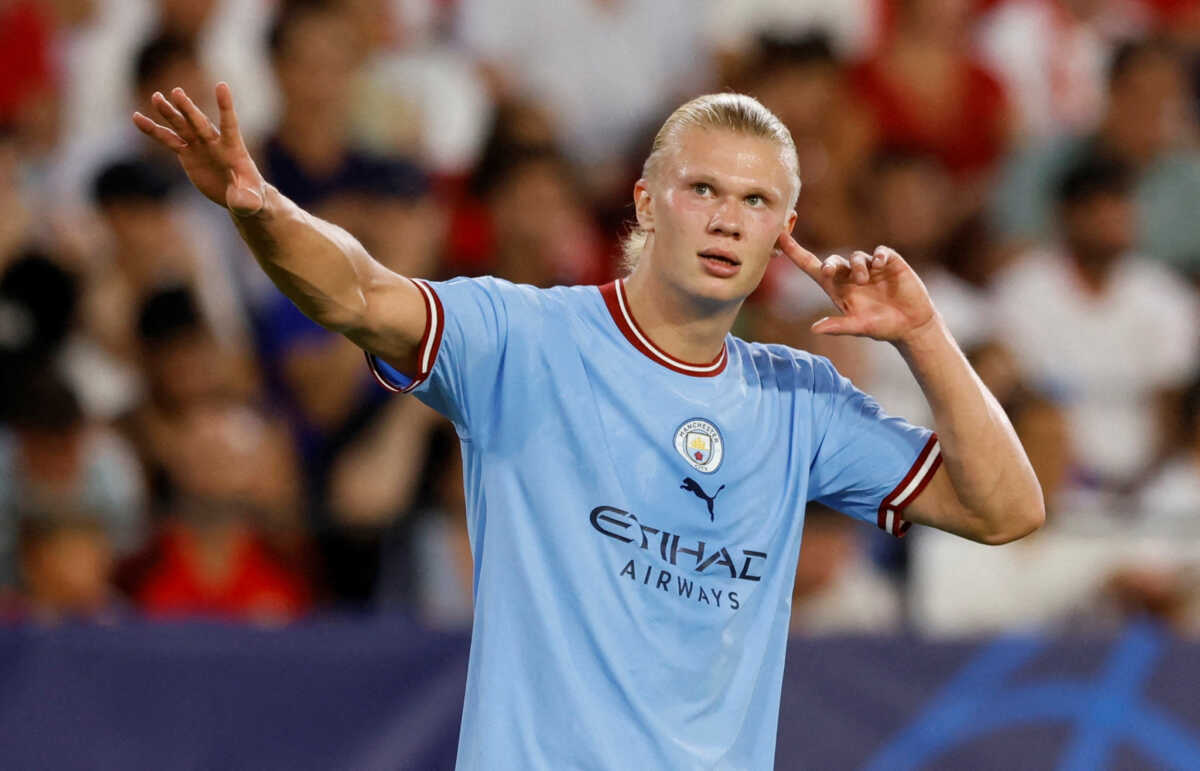 Soccer Football - Champions League - Group G - Sevilla v Manchester City - Ramon Sanchez Pizjuan, Seville, Spain - September 6, 2022  Manchester City's Erling Braut Haaland celebrates scoring their first goal REUTERS