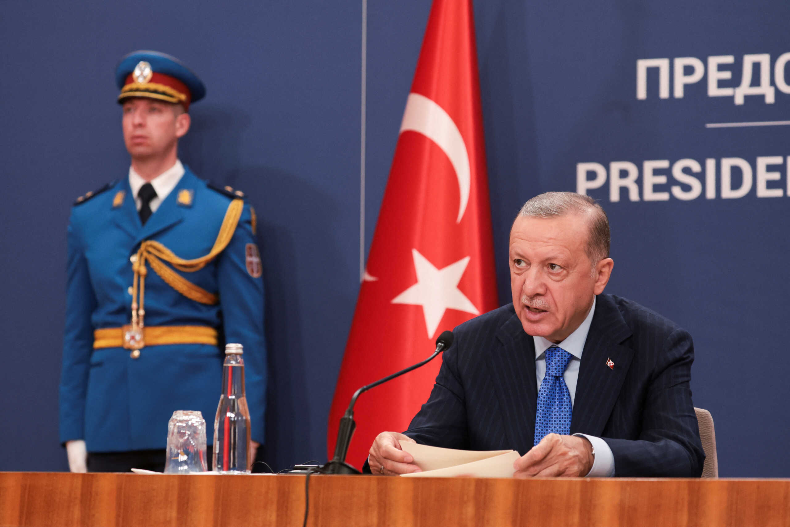 Turkish President Tayyip Erdogan speaks during a joint news conference with Serbian President Aleksandar Vucic (not pictured) during a visit to Belgrade, Serbia September 7, 2022. REUTERS