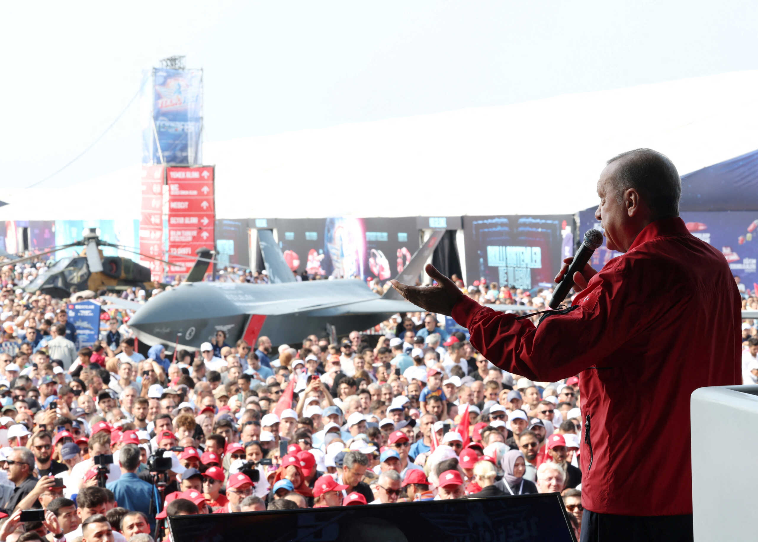 Turkish President Tayyip Erdogan speaks at the Teknofest Black Sea, an aviation, space and technology festival, at Carsamba Airport in Samsun, Turkey September 3, 2022. Murat Cetinmuhurdar