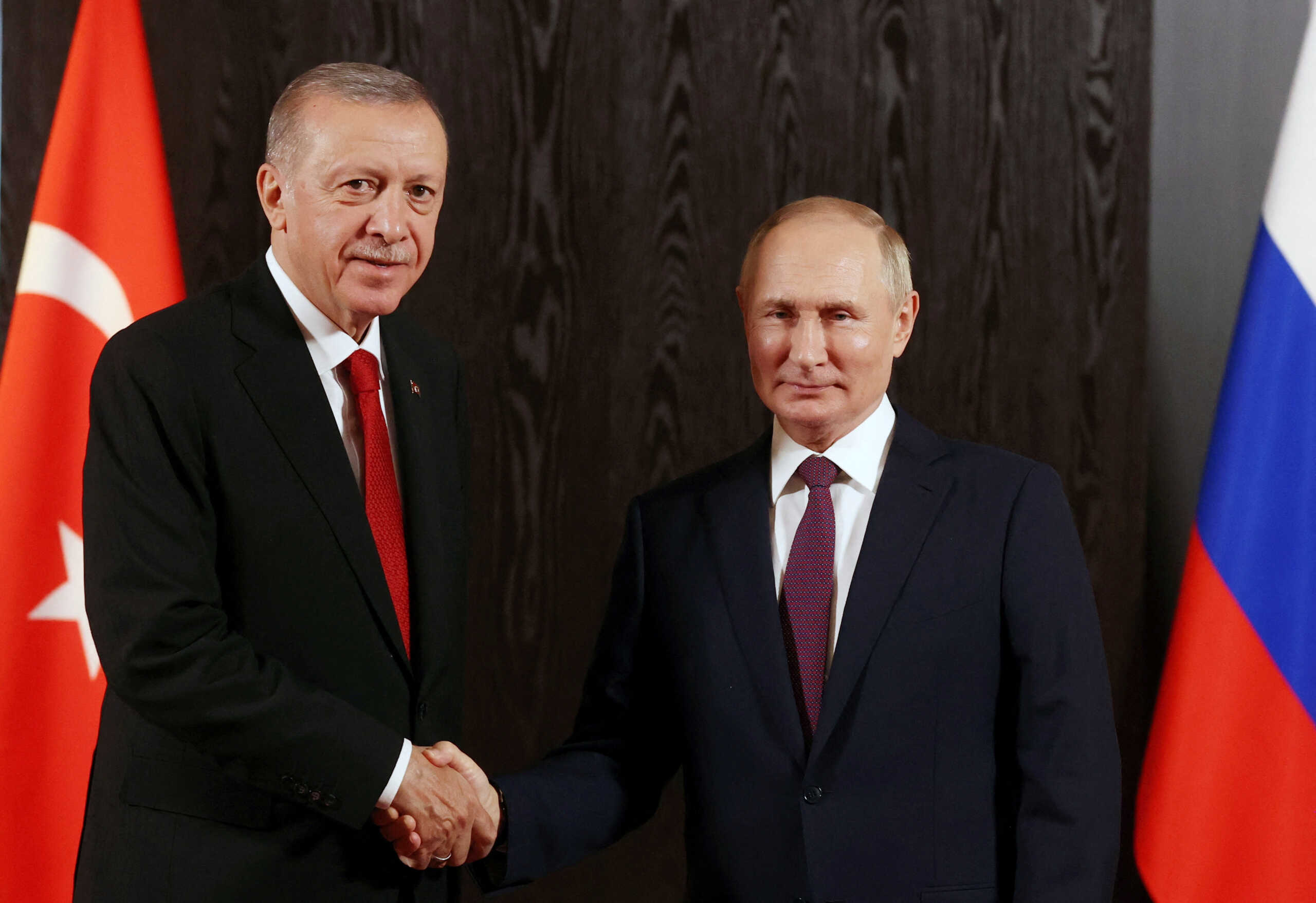 Russian President Vladimir Putin and Turkish President Tayyip Erdogan attend a meeting on the sidelines of the Shanghai Cooperation Organization (SCO) summit in Samarkand, Uzbekistan September 16, 2022. Sputnik