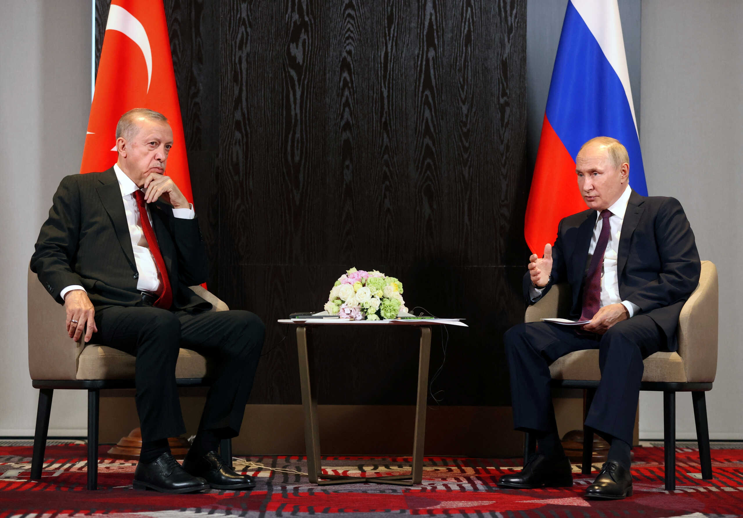 Russian President Vladimir Putin and Turkish President Tayyip Erdogan attend a meeting on the sidelines of the Shanghai Cooperation Organization (SCO) summit in Samarkand, Uzbekistan September 16, 2022. Sputnik