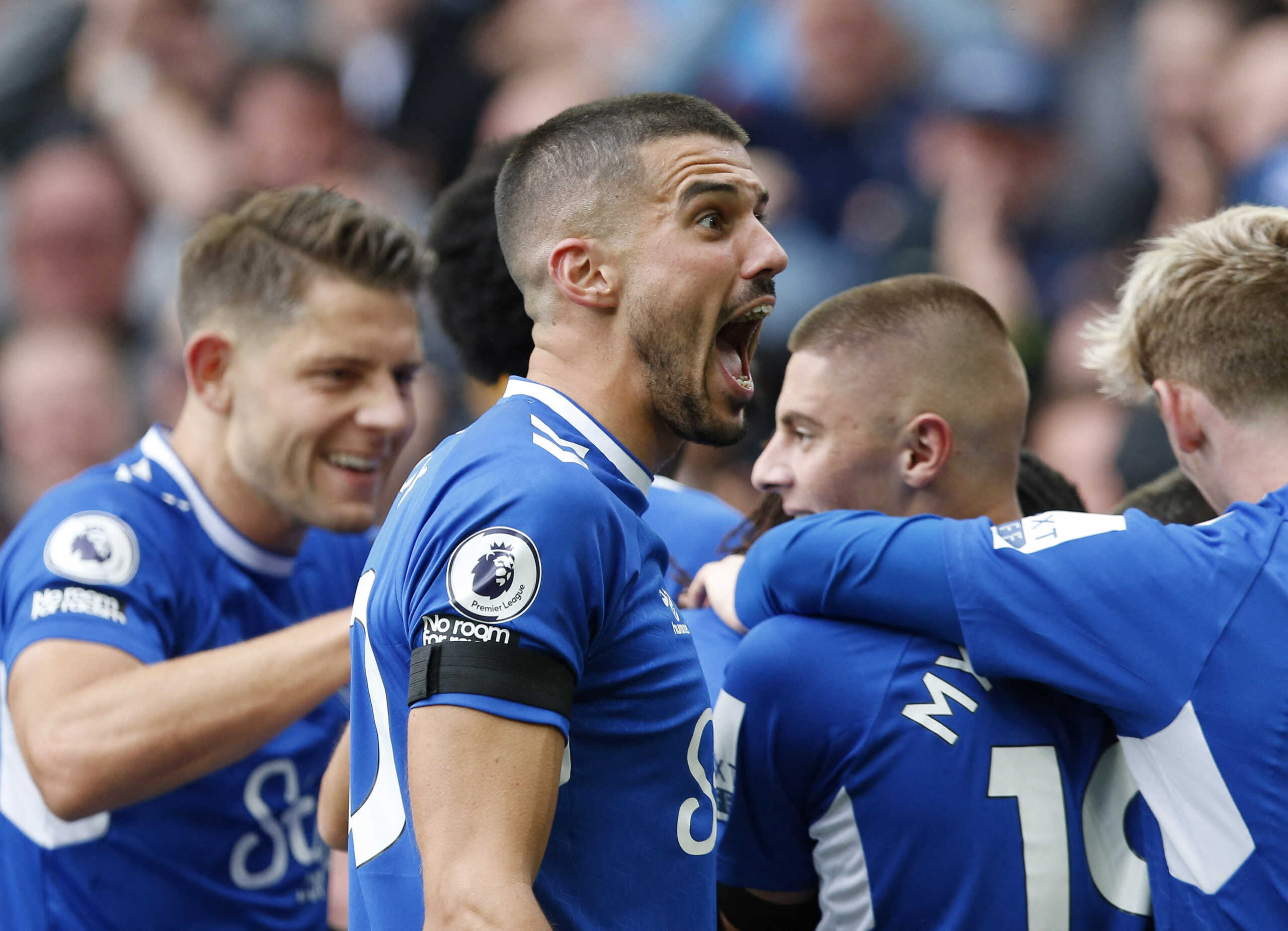 Soccer Football - Premier League - Everton v West Ham United - Goodison Park, Liverpool, Britain - September 18, 2022 Everton's Conor Coady celebrates after Neal Maupay scores their first goal REUTERS