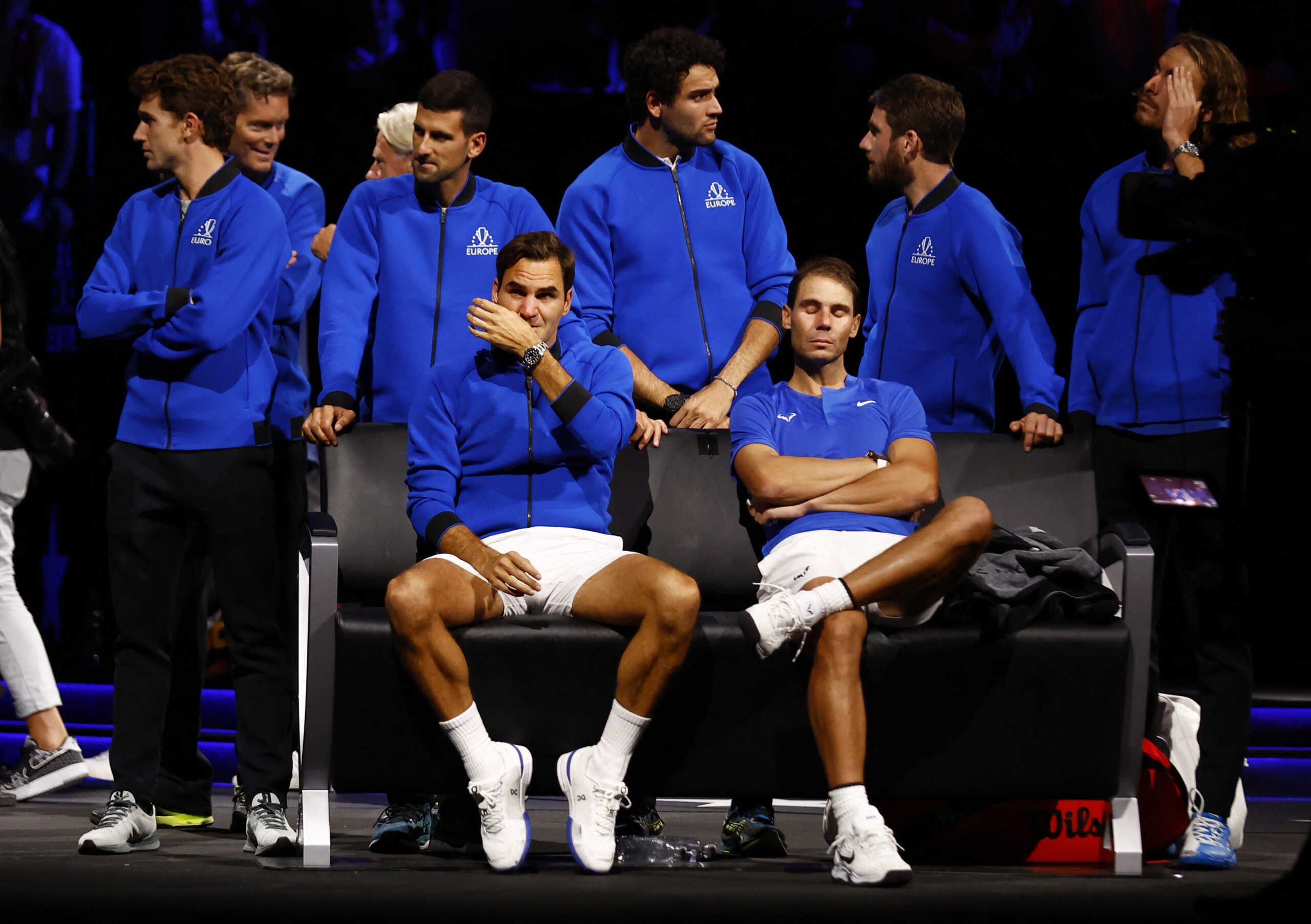 Tennis - Laver Cup - 02 Arena, London, Britain - September 23, 2022  Team Europe's Roger Federer with Rafael Nadal at the end of his last match after announcing his retirement Action Images via Reuters