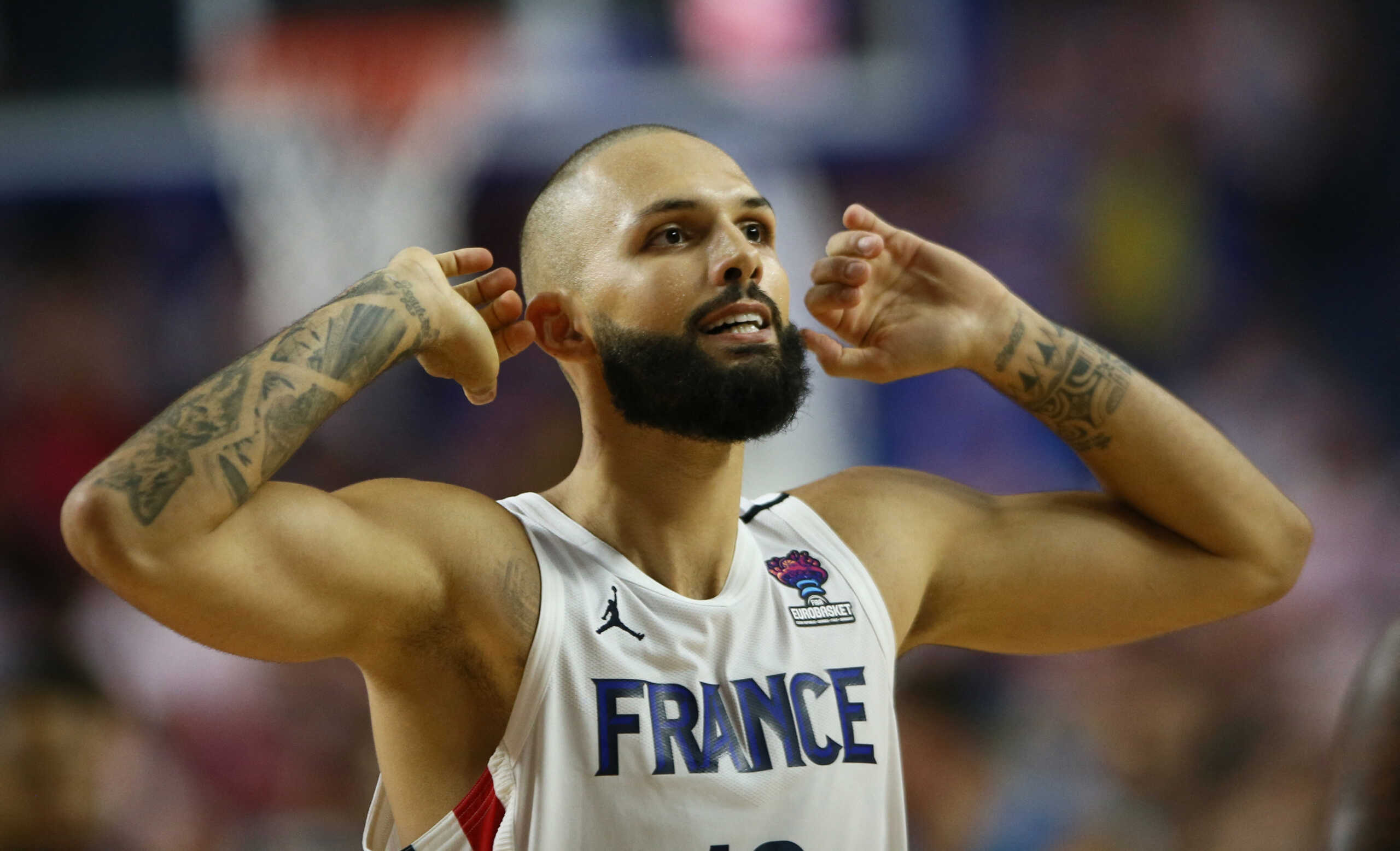 Basketball - EuroBasket Championship - Group B - France v Slovenia - Cologne Arena, Cologne, Germany - September 7, 2022 France's Evan Fournier reacts REUTERS