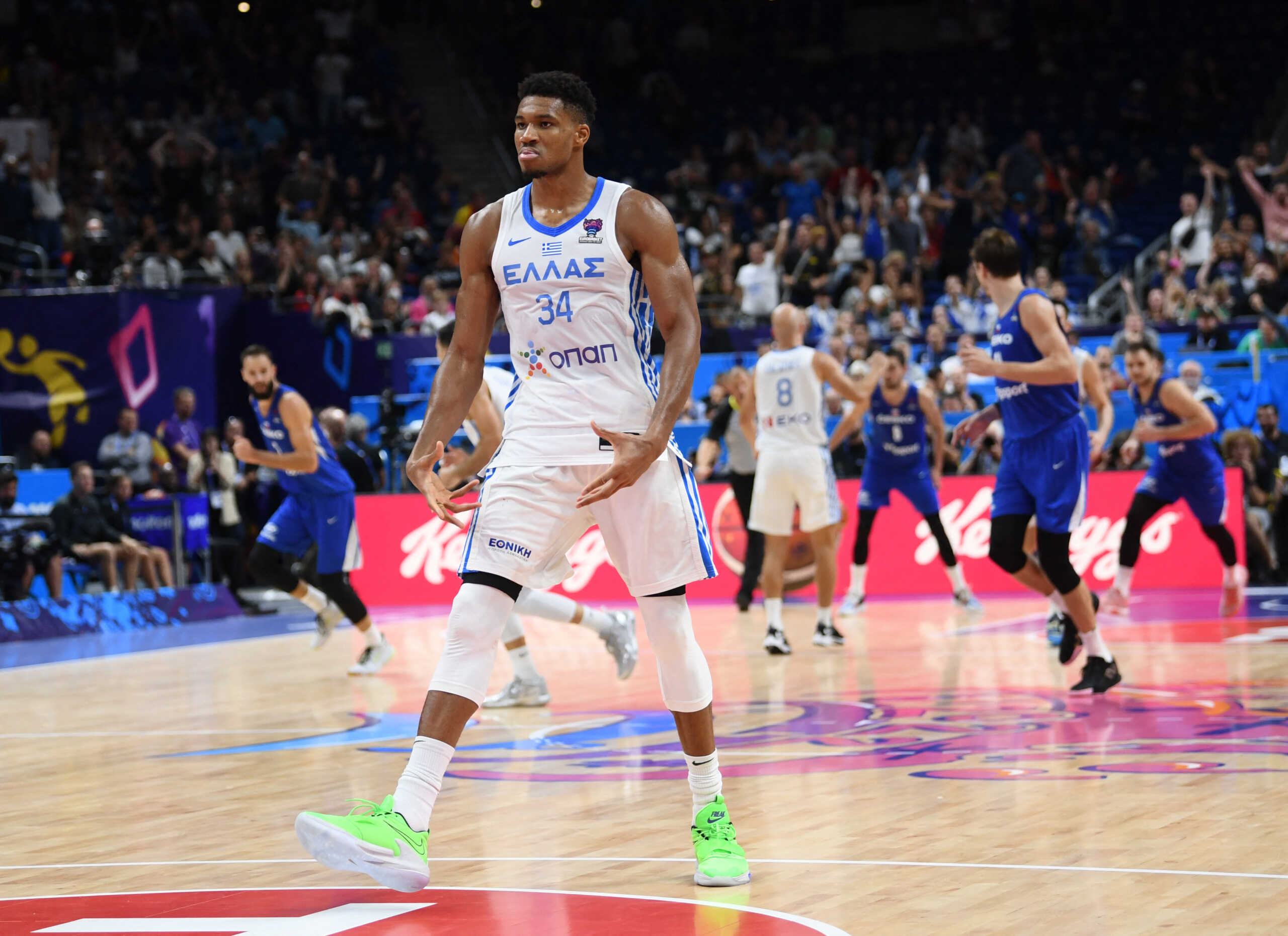 Basketball - EuroBasket Championship - Round of 16 - Greece v Czech Republic - Mercedes-Benz Arena, Berlin, Germany - September 11, 2022  Greece's Giannis Antetokounmpo reacts REUTERS