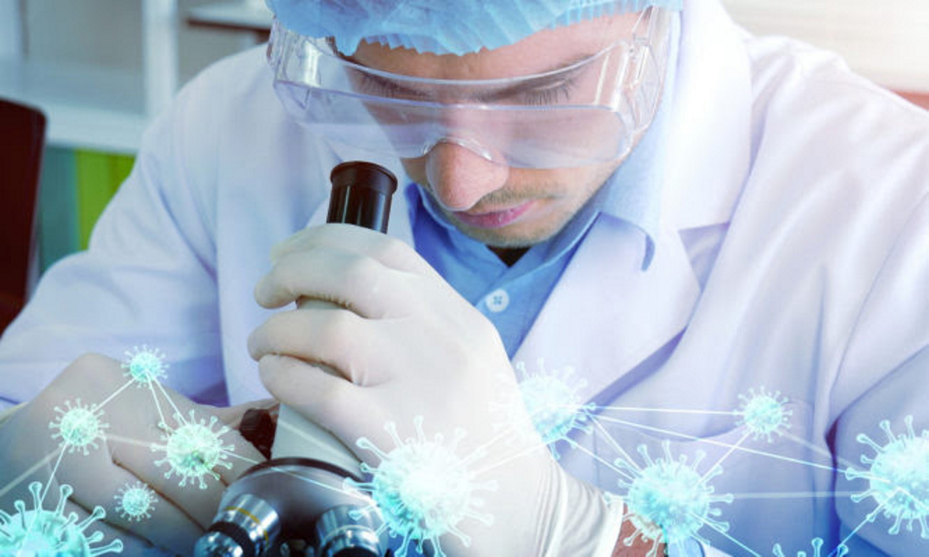 Metagenomic analysis of Coronavirus virus, doctor in the laboratory with a biological tube for analysis and sampling of Covid-19 infectious disease.