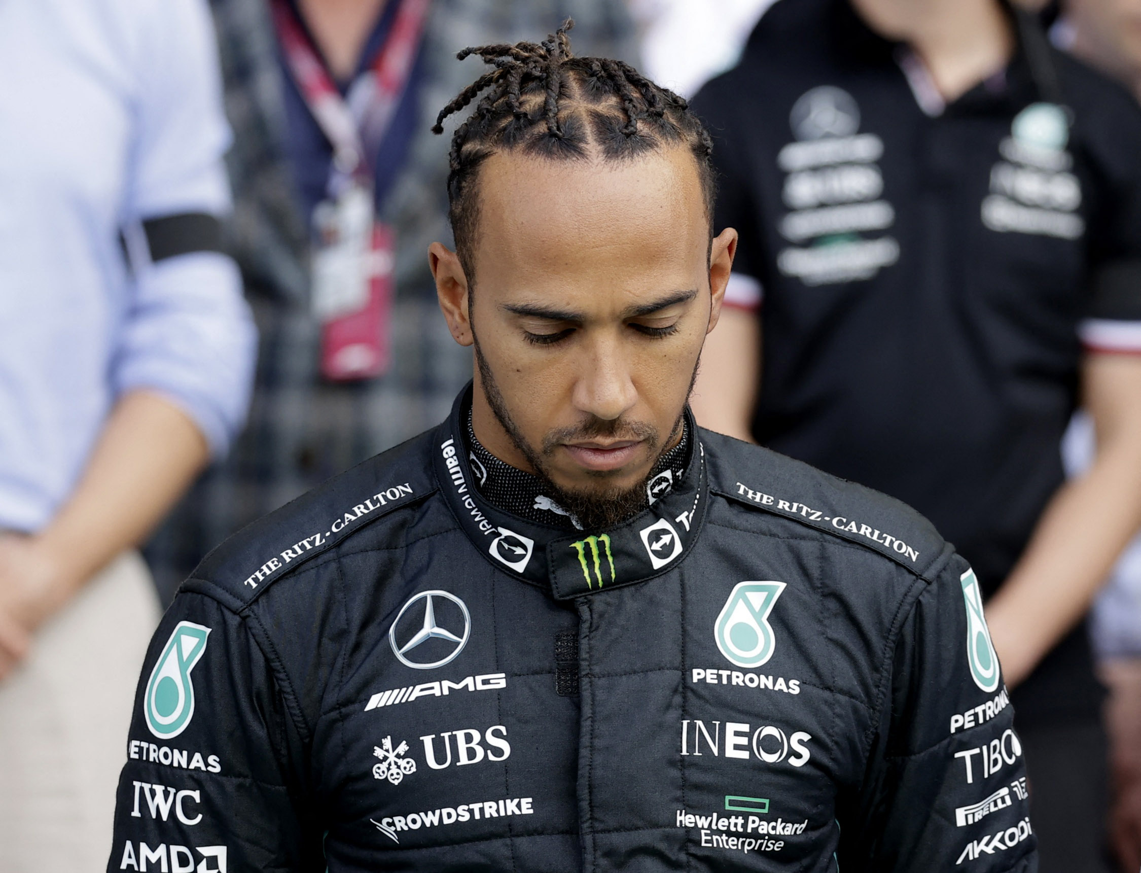 Formula One F1 - Italian Grand Prix - Autodromo Nazionale Monza, Monza, Italy - September 9, 2022 Mercedes' Lewis Hamilton is seen during a moments silence after the passing of Britain's Queen Elizabeth before practice REUTERS