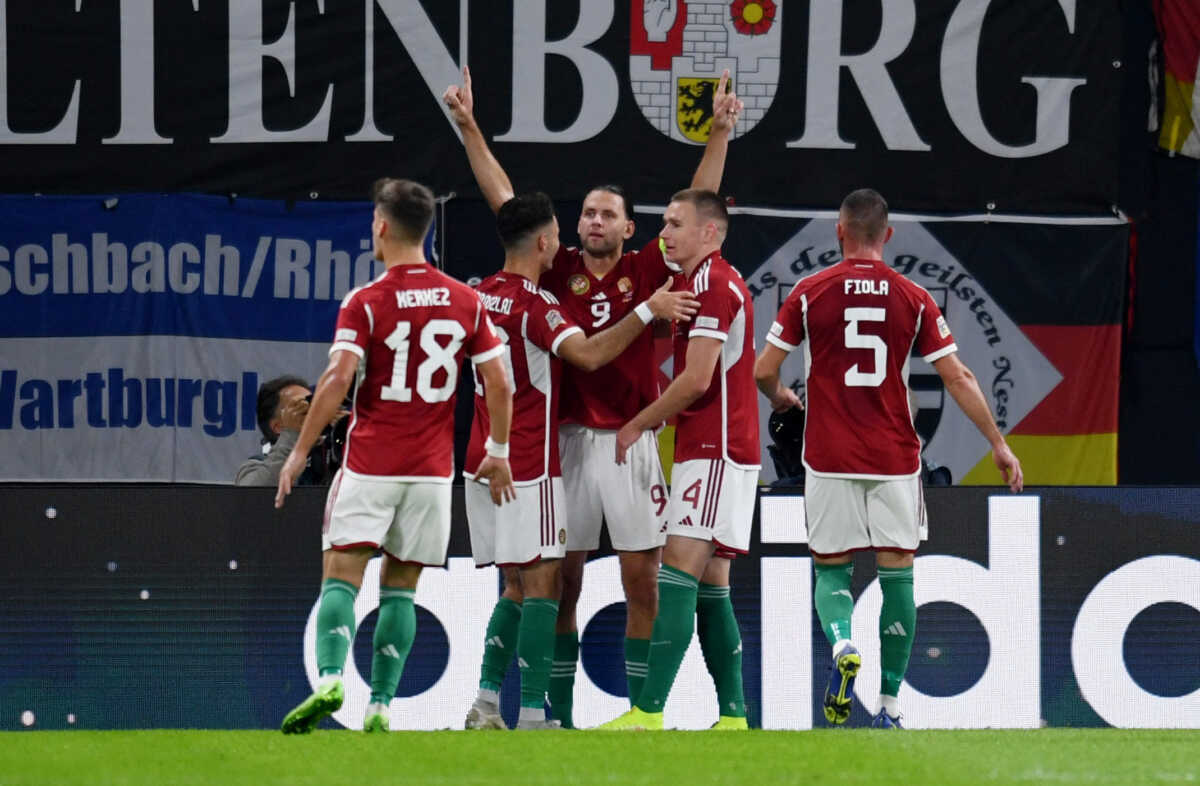 Soccer Football - UEFA Nations League - Group C - Germany v Hungary - Red Bull Arena, Leipzig, Germany - September 23, 2022 Hungary's Adam Szalai celebrates scoring their first goal with teammates REUTERS