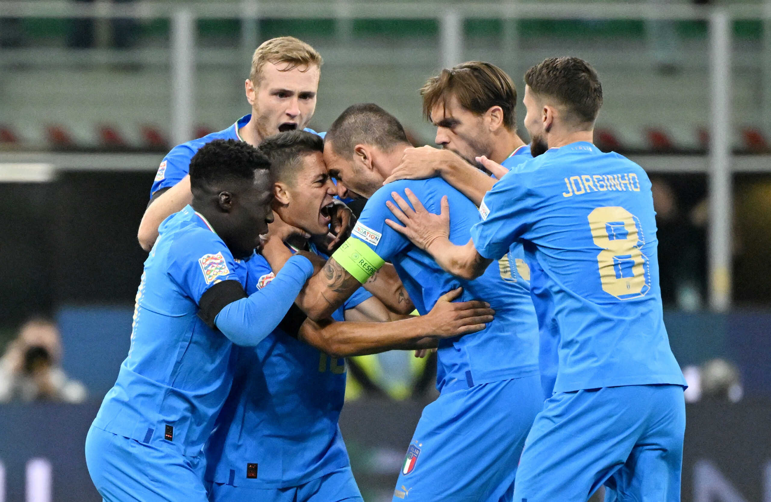 Soccer Football - UEFA Nations League - Group C - Italy v England - San Siro, Milan, Italy - September 23, 2022 Italy's Giacomo Raspadori celebrates scoring their first goal with teammates REUTERS
