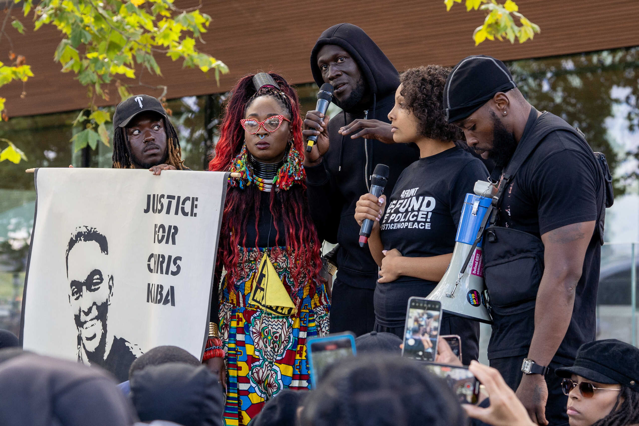 British rapper, singer and songwriter Stormzy speaks during Black Lives Matter protesters march from Parliament Square to New Scotland Yard in central London demanding justice for 24 year old Chris Kaba, who was shot dead by the police last week, London, Britain, September 10, 2022. REUTERS