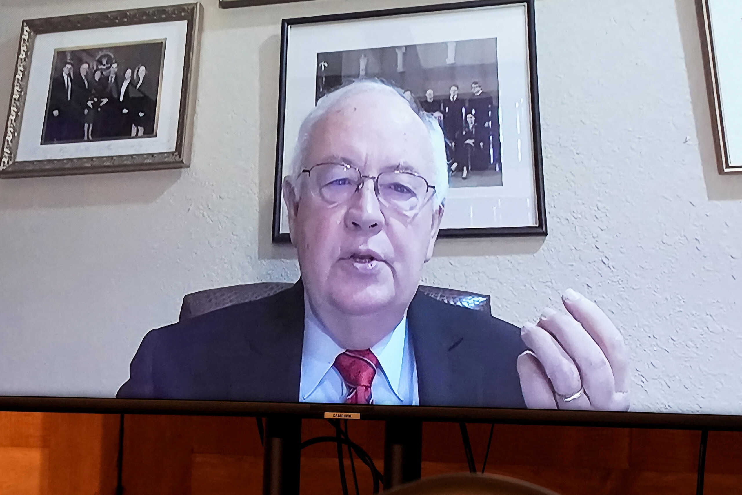FILE PHOTO: Attorney Kenneth Starr gives an opening statement remotely during a Senate Homeland Security and Governmental Affairs hearing to examine claims of voter irregularities in the 2020 election, in the Dirksen Senate Office Building, in Washington, U.S., December 16, 2020. Greg Nash