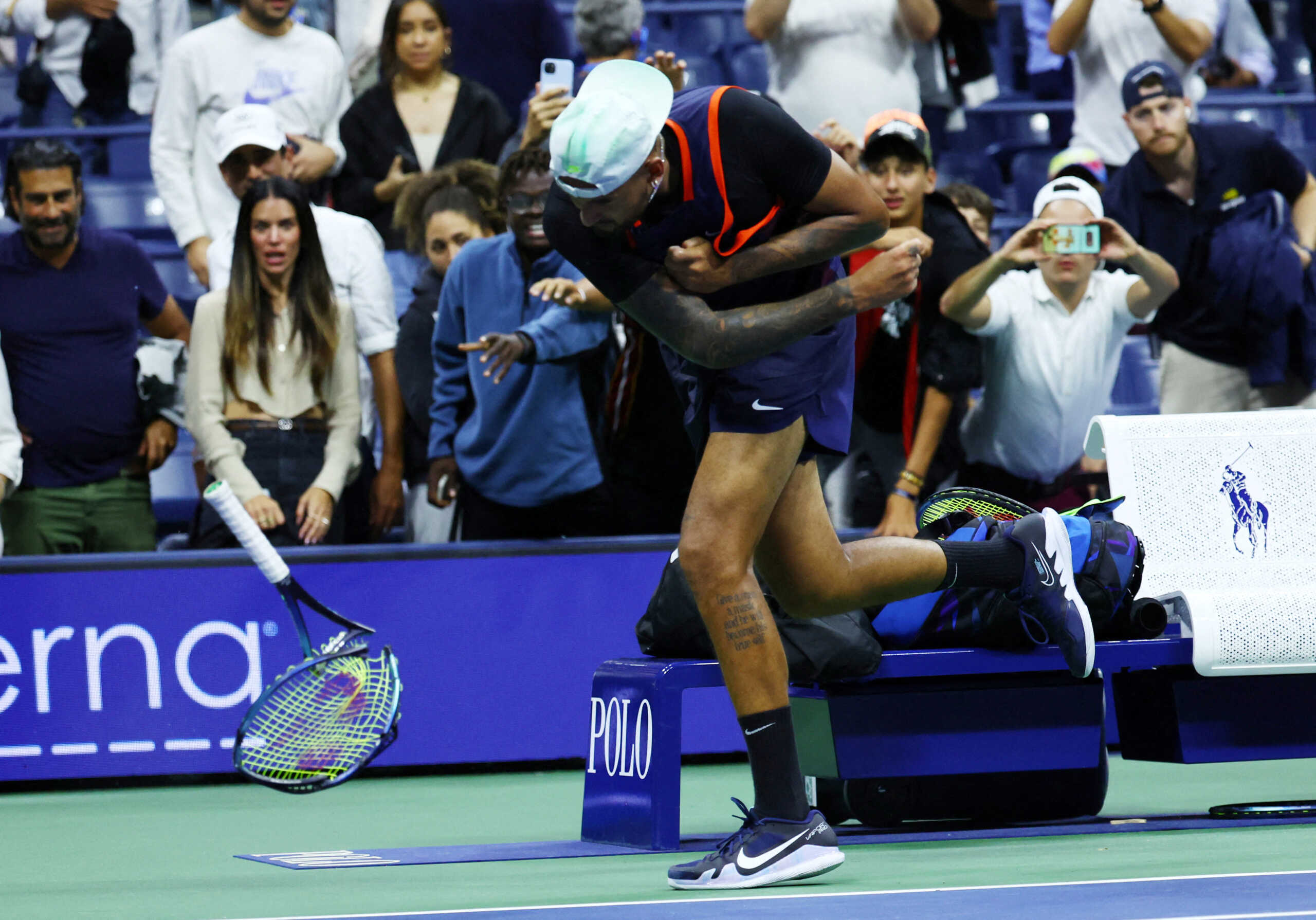 Tennis - U.S. Open - Flushing Meadows, New York, United States - September 7, 2022  Australia's Nick Kyrgios smashes his racket after his quarter final match against Russia's Karen Khachanov REUTERS