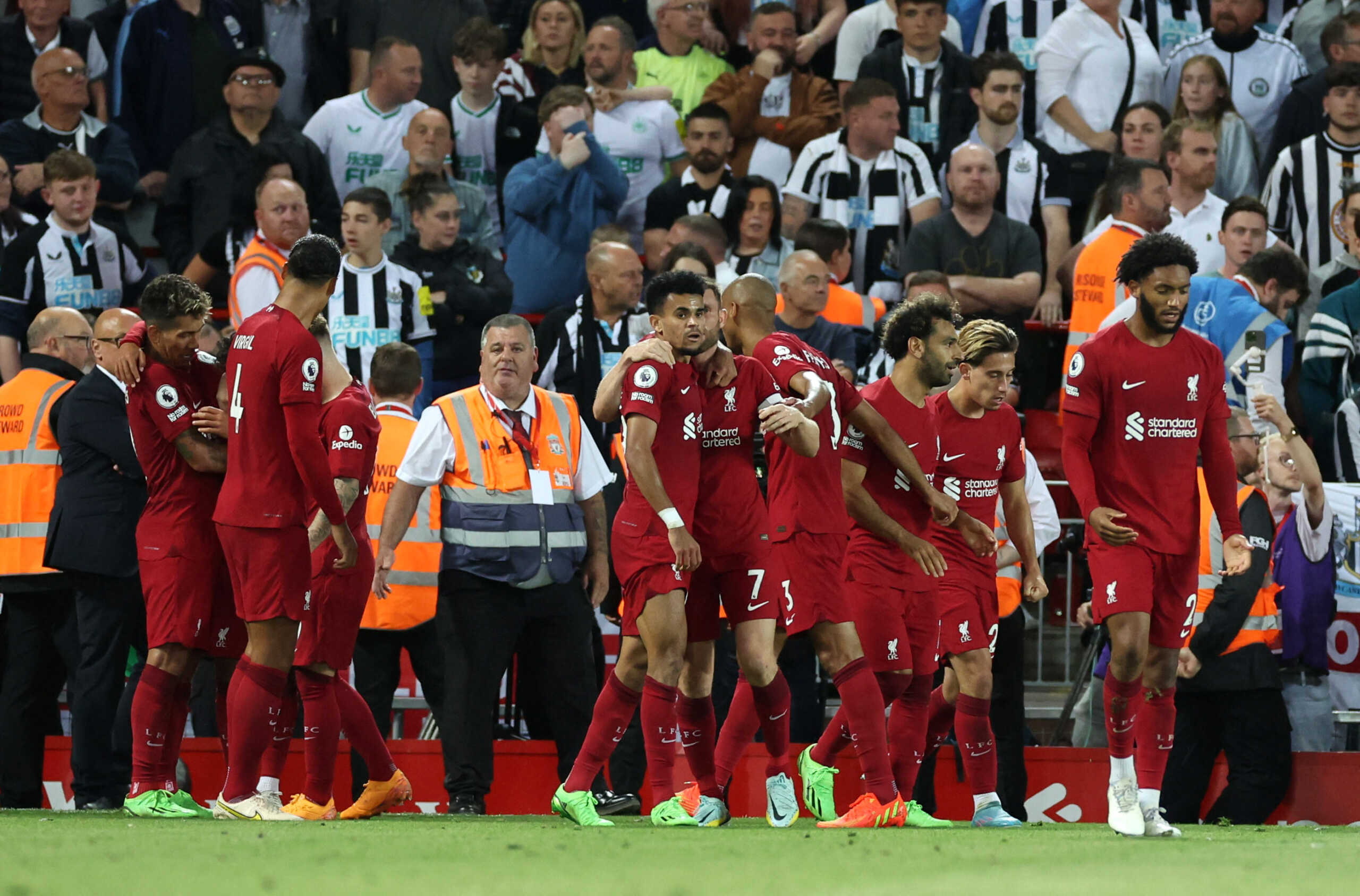 Soccer Football - Premier League - Liverpool v Newcastle United - Anfield, Liverpool, Britain - August 31, 2022 Liverpool's Fabio Carvalho celebrates scoring their second goal with teammates REUTERS