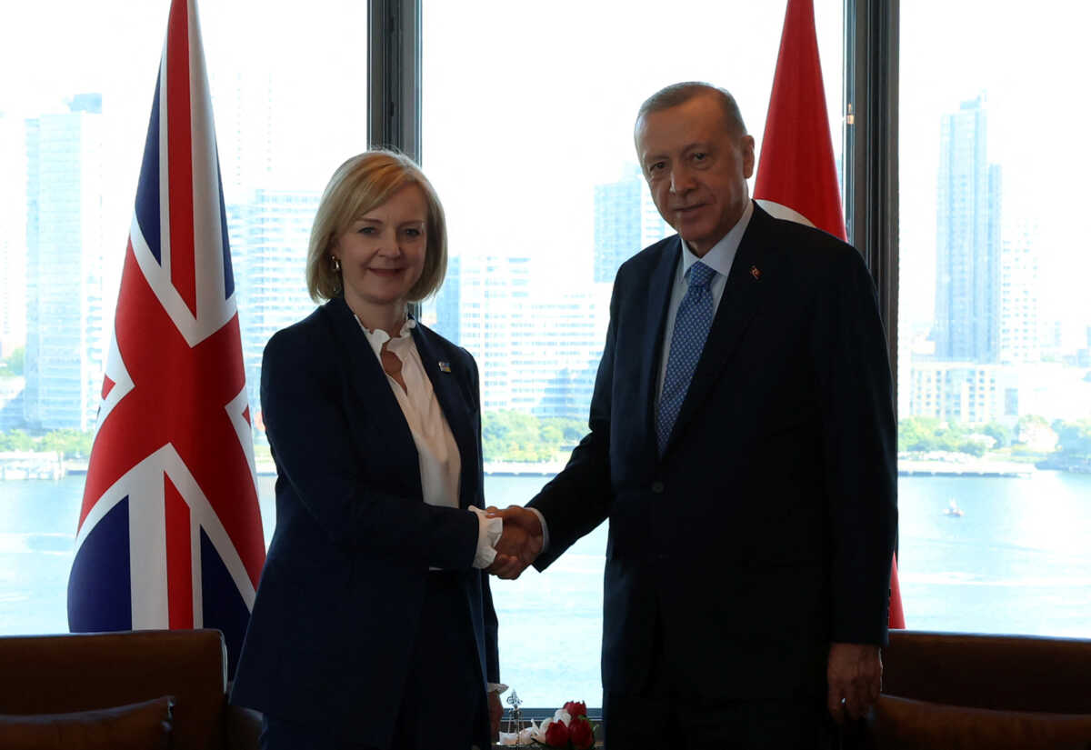 Turkish President Tayyip Erdogan meets with British Prime Minister Liz Truss on the sidelines of the U.N. General Assembly, in New York City, U.S., September 21, 2022. Presidential Press Office