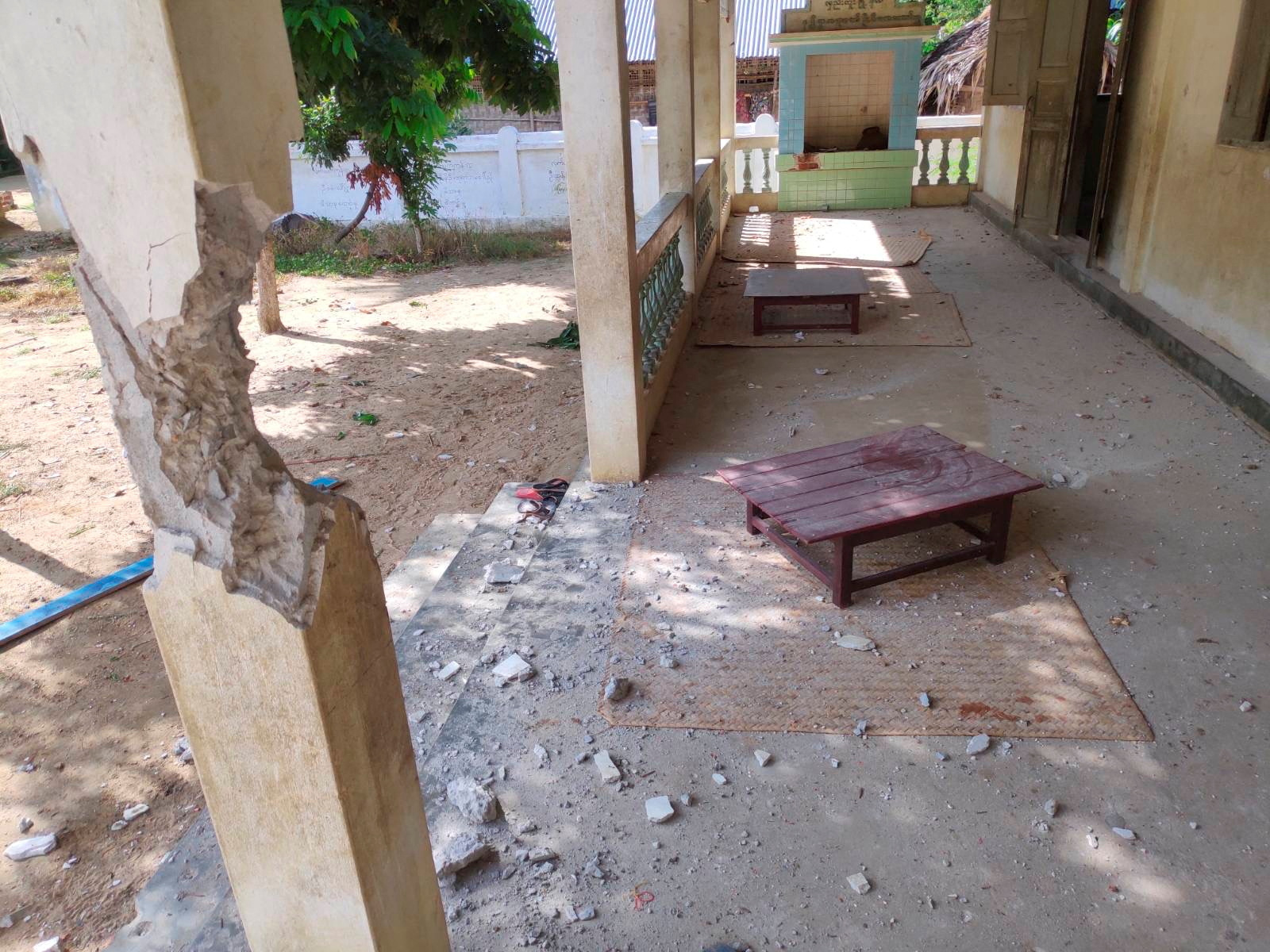 A damaged column is seen at a local school that was hit by an air attack carried out by the Myanmar military against the People Defense Force, in Sagaing, Myanmar September 16, 2022 in this social media video still image obtained by REUTERS. NO RESALES. NO ARCHIVES. THIS IMAGE HAS BEEN SUPPLIED BY A THIRD PARTY.