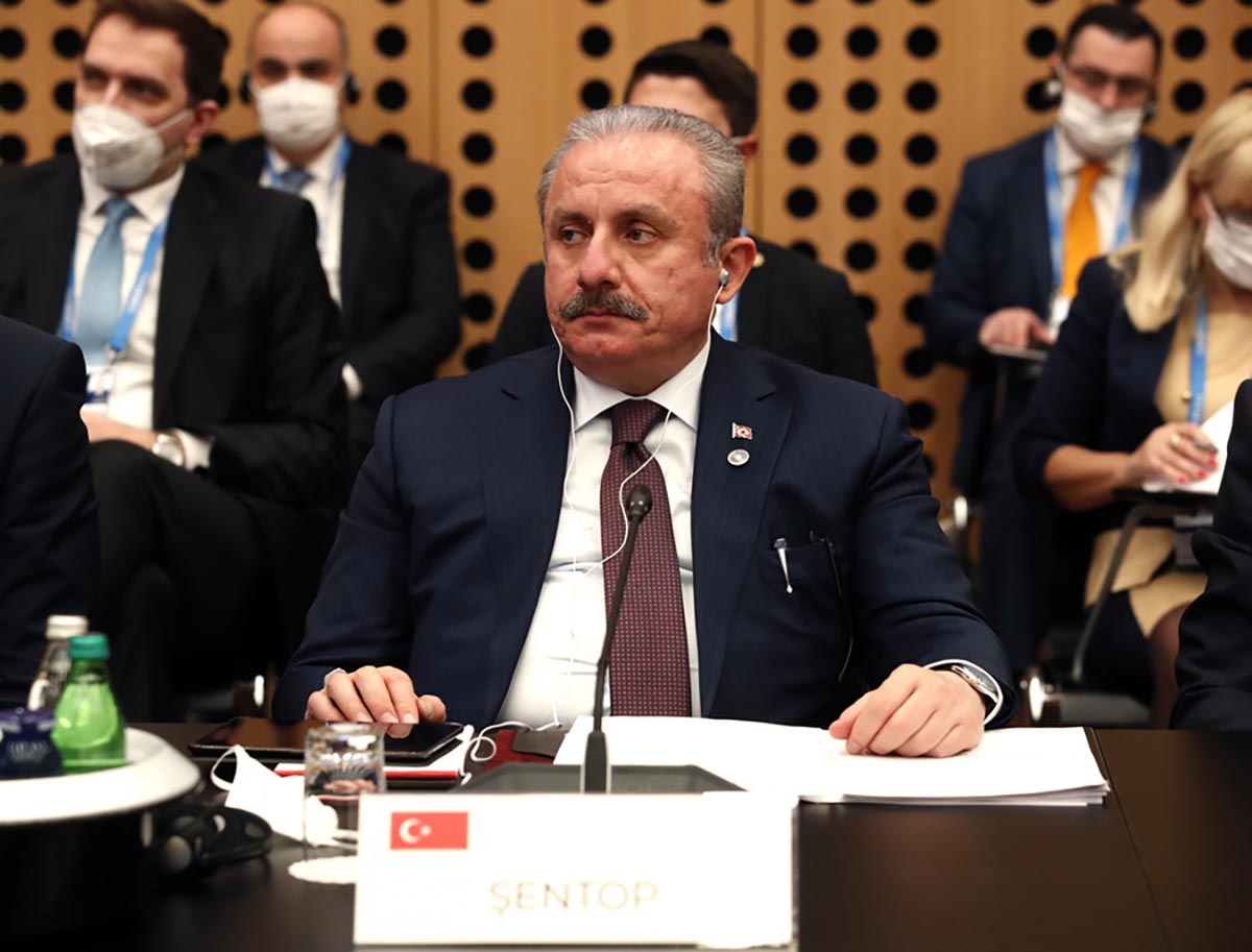 epa09855813 Turkish Speaker of the Grand National Assembly Mustafa Sentop attends a session during the Conference of Speakers of the European Union Parliaments at Brdo castle near Kranj, Slovenia, 28 March 2022.  EPA