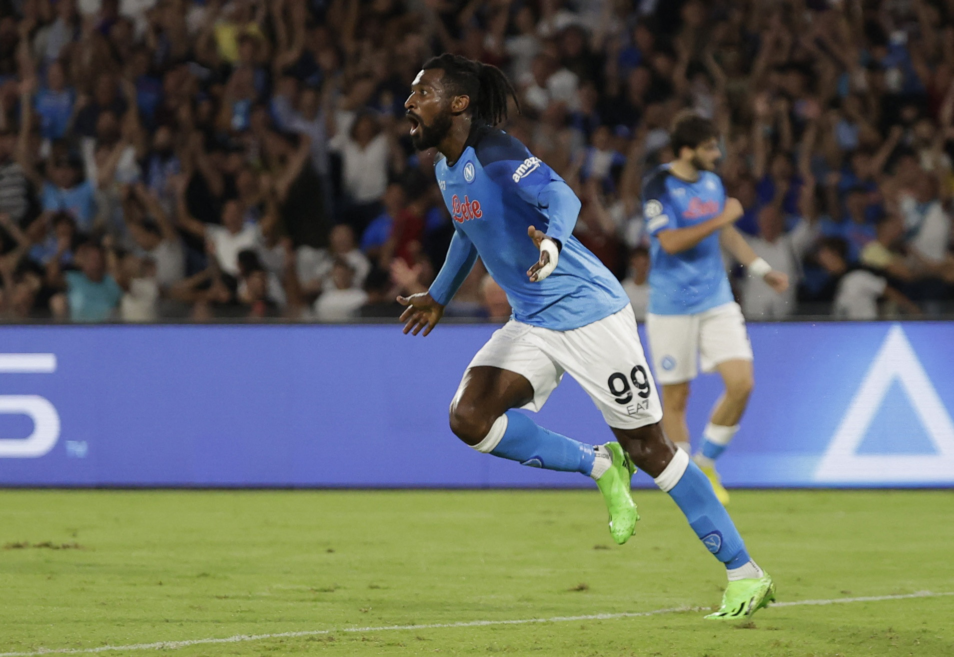 Soccer Football - Champions League - Group A - Napoli v Liverpool - Stadio Diego Armando Maradona, Naples, Italy - September 7, 2022 Napoli's Andre-Frank Zambo Anguissa celebrates scoring their second goal REUTERS