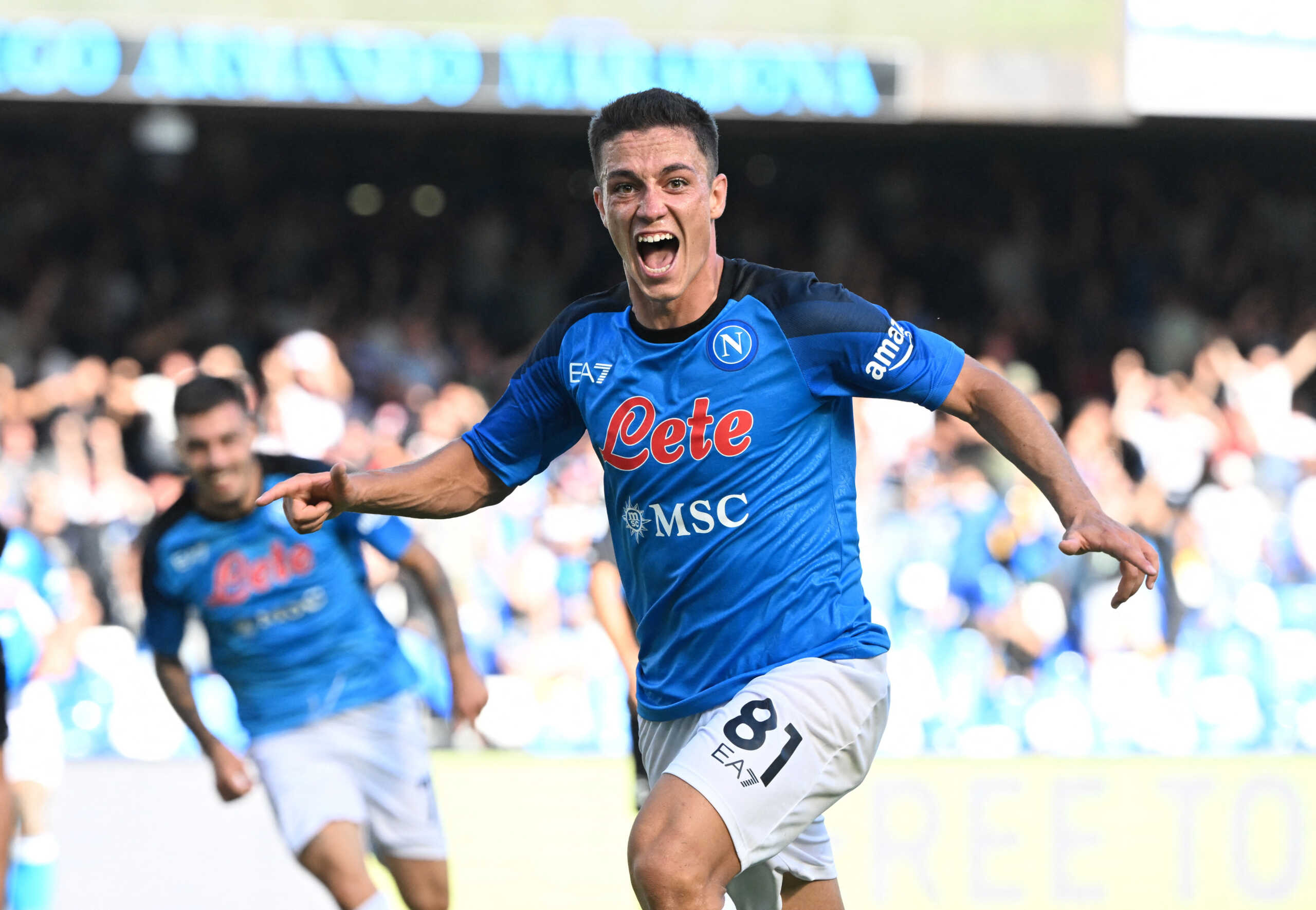 Soccer Football - Serie A - Napoli v Spezia - Stadio Diego Armando Maradona, Naples, Italy - September 10, 2022 Napoli's Giacomo Raspadori celebrates scoring their first goal REUTERS