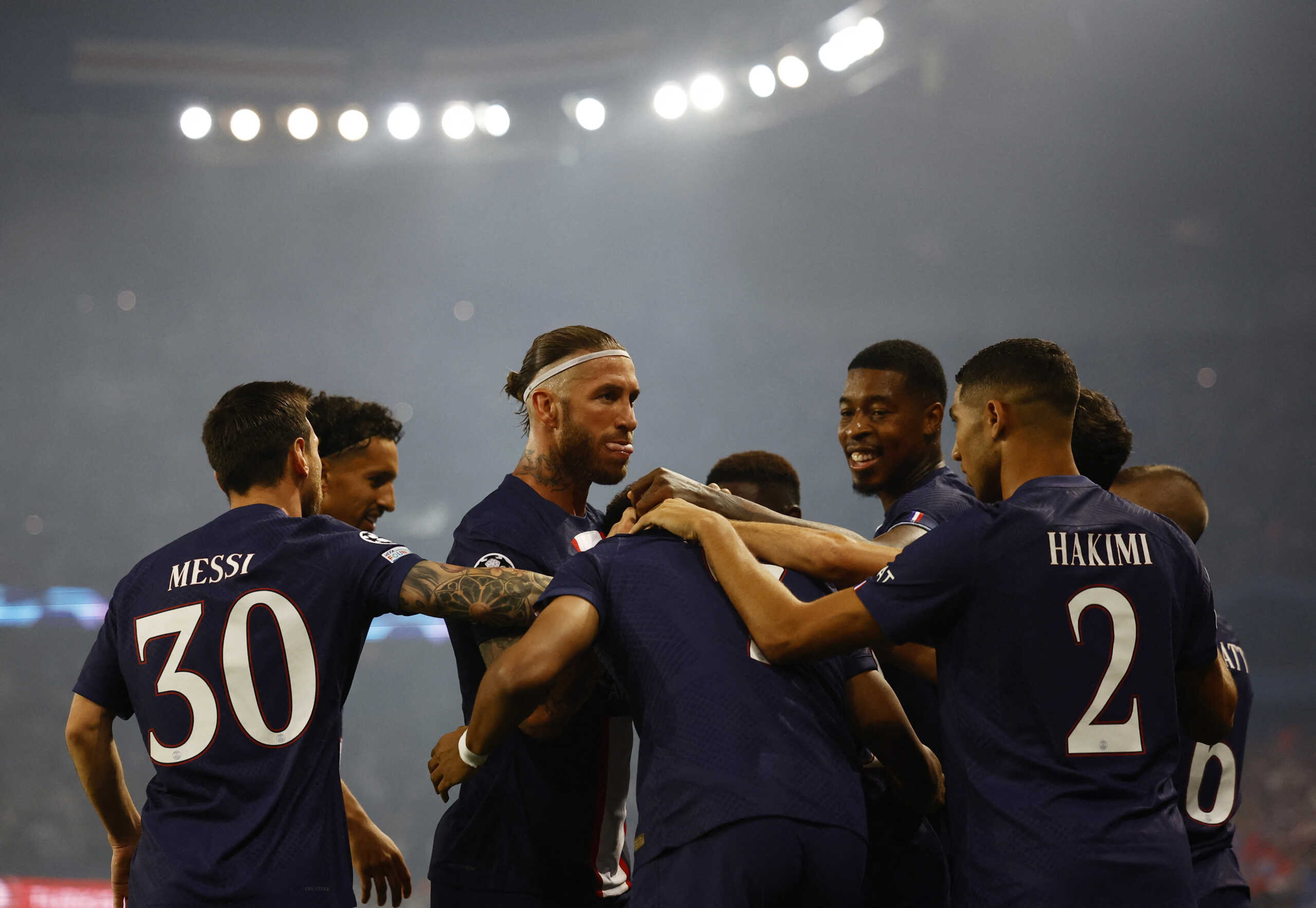 Soccer Football - Champions League - Group H - Paris St Germain v Juventus - Parc des Princes, Paris, France - September 6, 2022 Paris St Germain's Kylian Mbappe celebrates scoring their first goal with teammates REUTERS