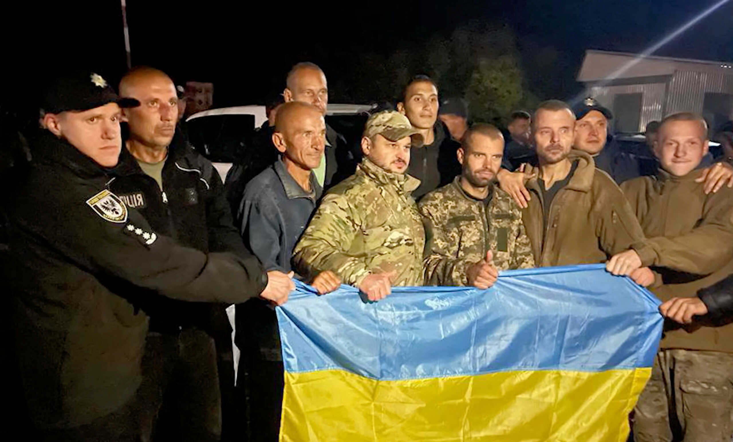 A screen grab from a handout video shows prisoners of war released from Russian captivity, amid Russia's attack on Ukraine, in Chernihiv region, Ukraine. Video released on September 22, 2022.