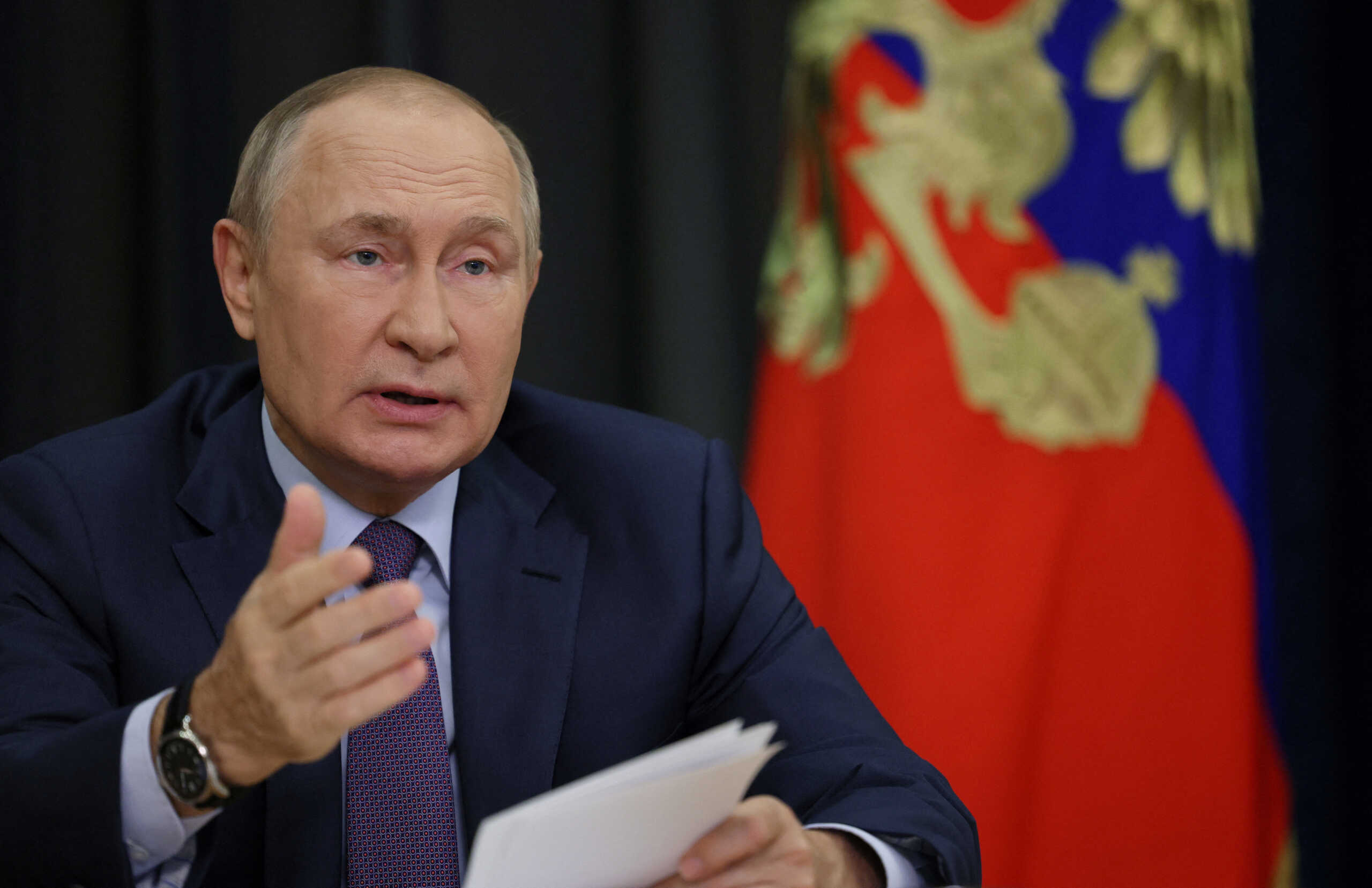Russian President Vladimir Putin chairs a meeting on agriculture issues via video link in Sochi, Russia September 27, 2022. Sputnik
