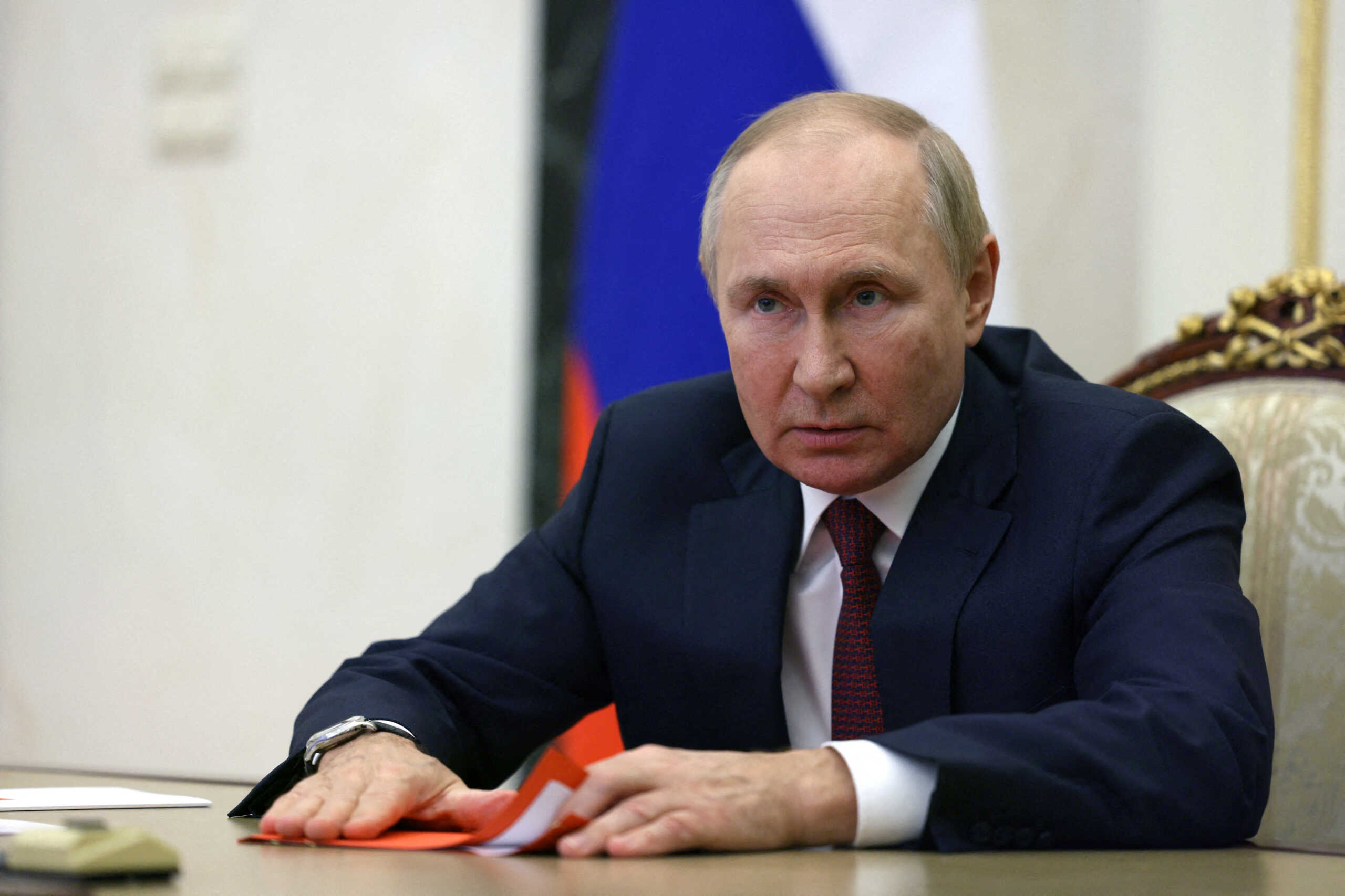 Russian President Vladimir Putin attends a meeting with members of the Security Council via a video link in Moscow, Russia, September 29, 2022. Sputnik