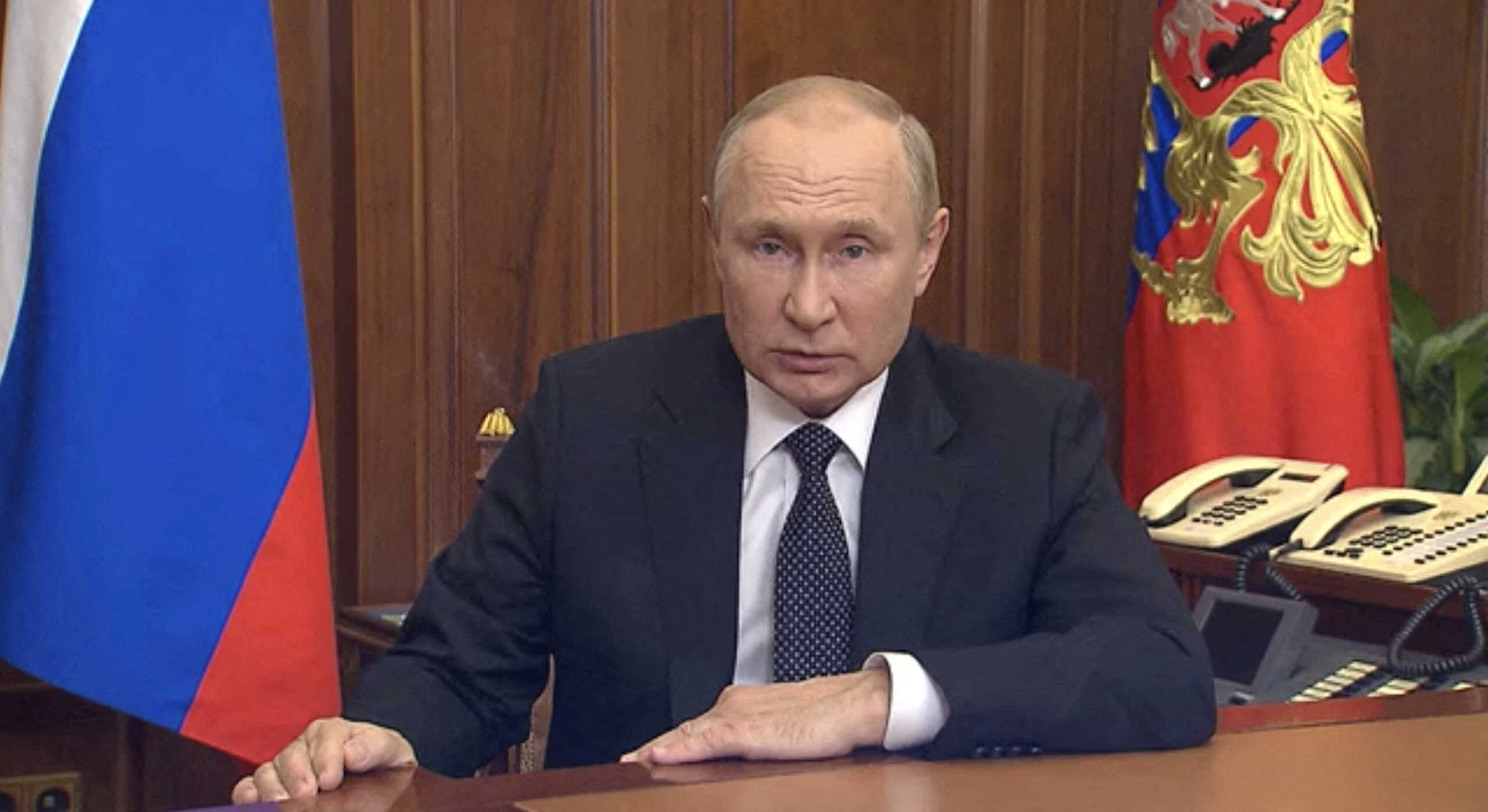 Russian President Vladimir Putin makes an address on the conflict with Ukraine, in Moscow, Russia, in this still image taken from video released September 21, 2022. Russian Presidential Press Service