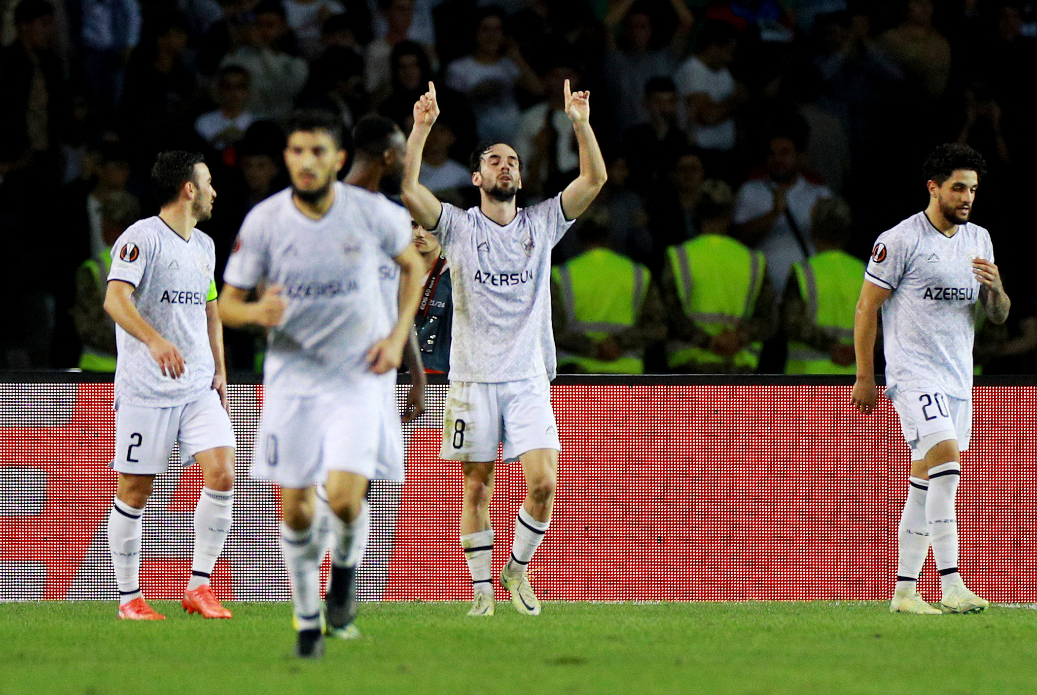 Soccer Football - Europa League - Group G - Qarabag v Nantes - Tofiq Bahramov Republican Stadium, Baku, Azerbaijan - September 15, 2022 Qarabag's Marko Jankovic celebrates scoring their third goal with teammates REUTERS