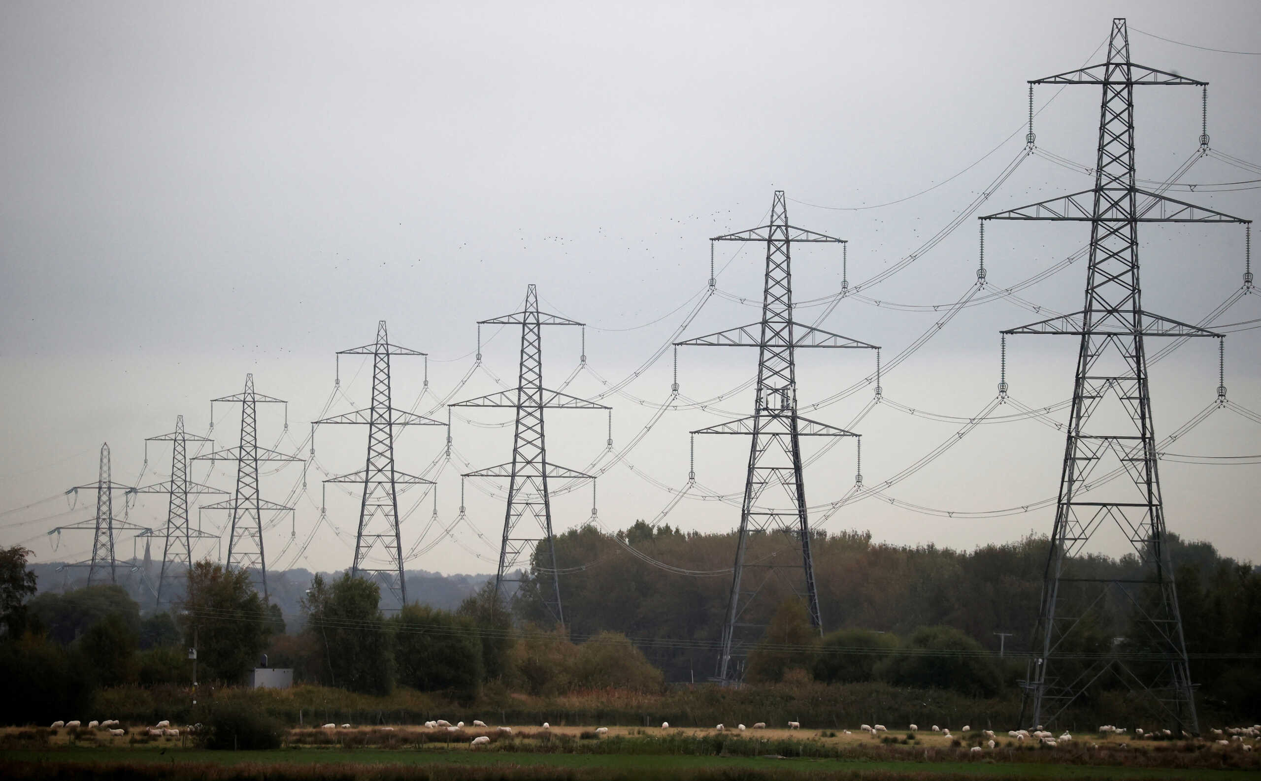 FILE PHOTO: Sheep graze beneath a row of electricity pylons near Ellesmere Port, Britain, October 11, 2021. REUTERS
