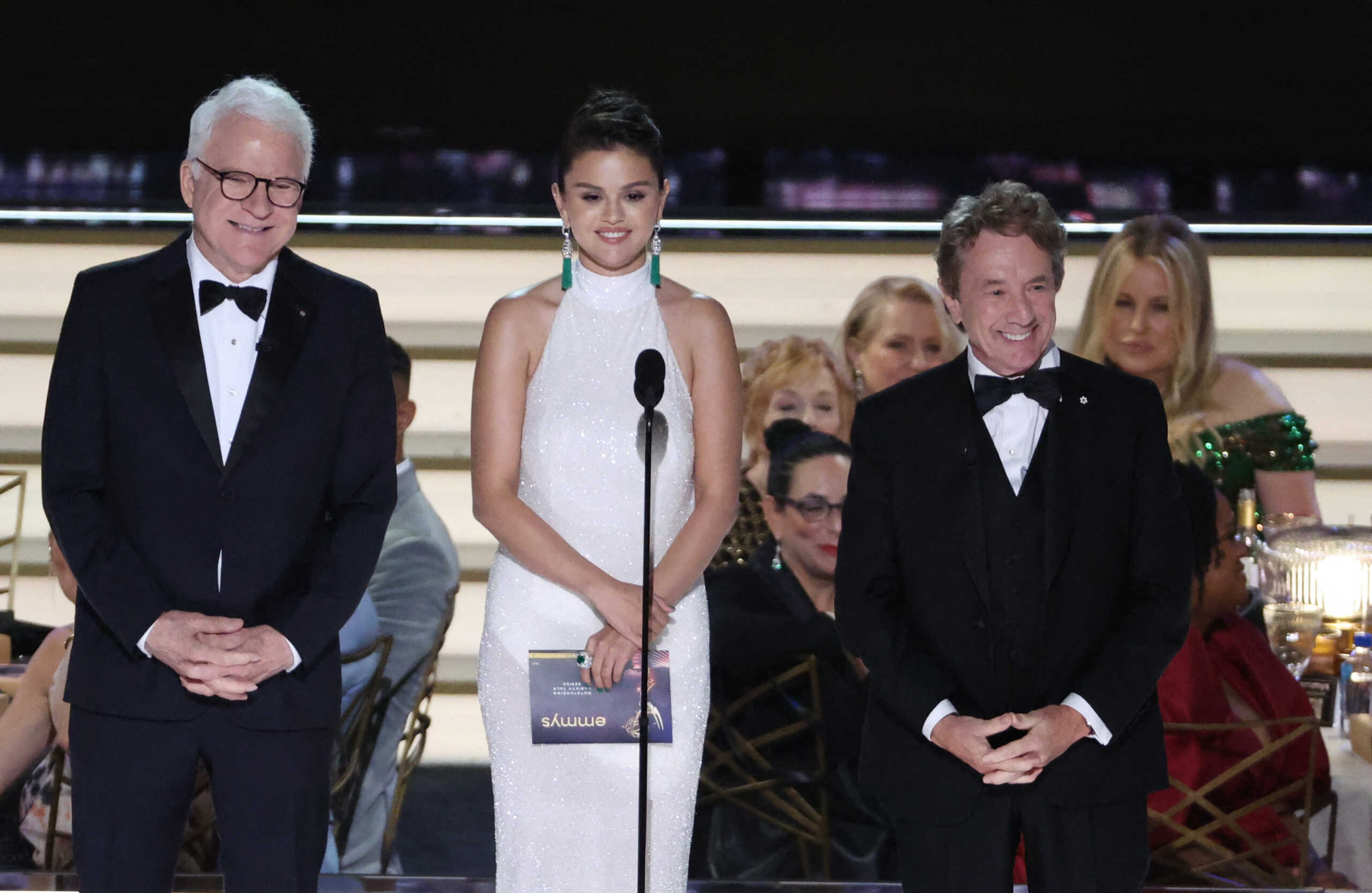 Steve Martin, Martin Short and Selena Gomez, from "Only Murders in the Building," present the award for Outstanding Variety Talk Series at the 74th Primetime Emmy Awards held at the Microsoft Theater in Los Angeles, U.S., September 12, 2022. REUTERS