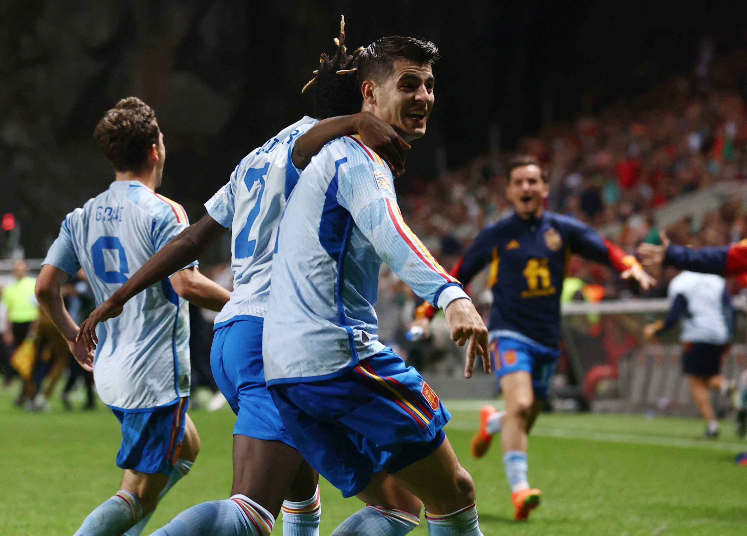 Soccer Football - UEFA Nations League - Group B - Portugal v Spain - Estadio Municipal de Braga, Braga, Portugal - September 27, 2022 Spain's Alvaro Morata celebrates scoring their first goal with Nico Williams REUTERS