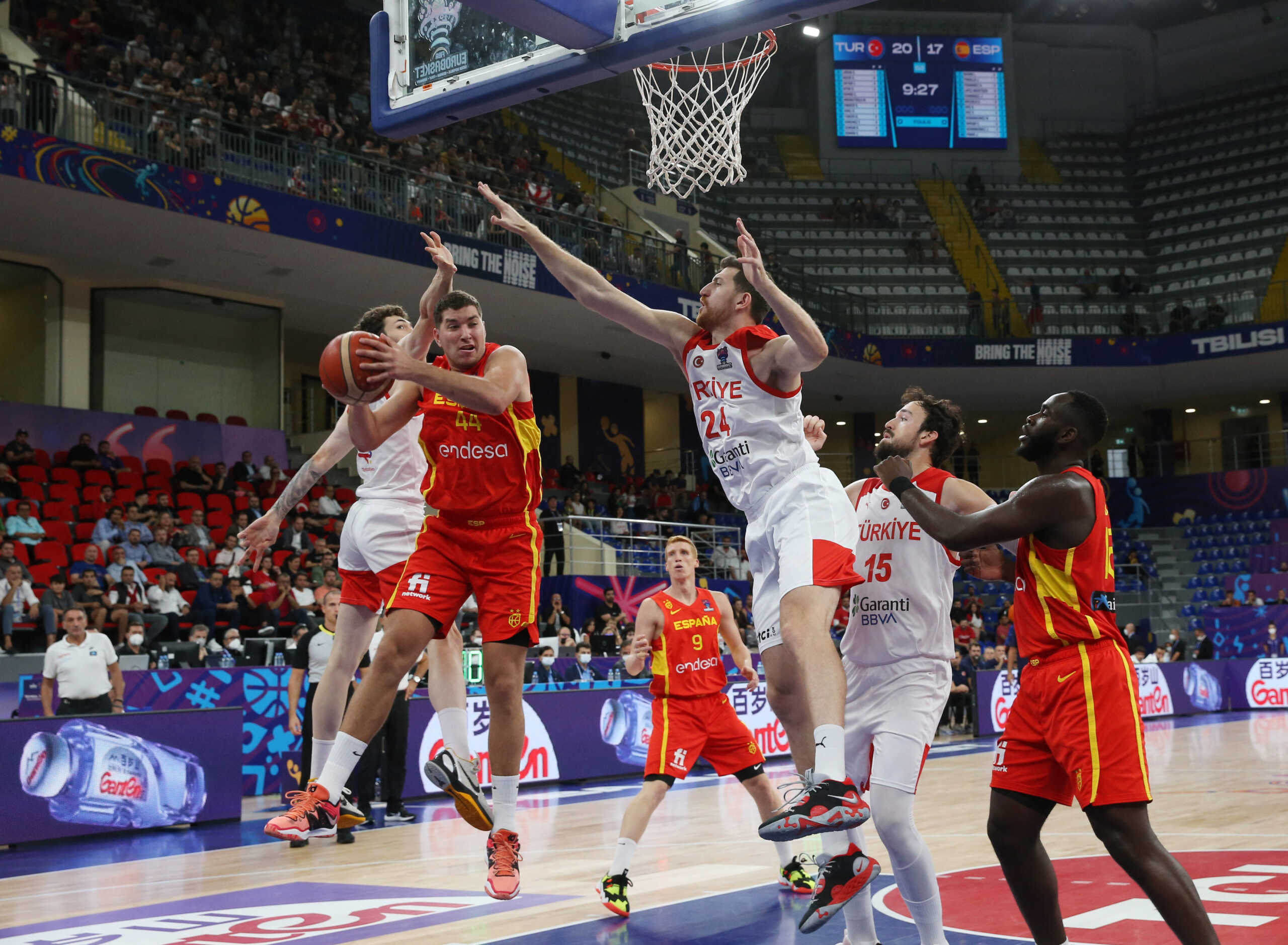 Basketball - EuroBasket Championship - Group A - Turkey v Spain - Tbilisi Arena, Tbilisi, Georgia - September 7, 2022 Spain's Joel Parra in action with Turkey's Erxhan Osmani REUTERS