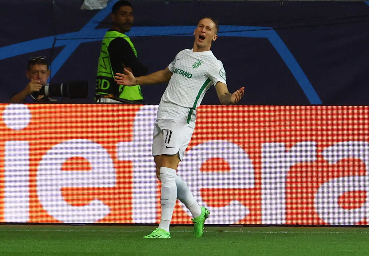 Soccer Football - Champions League - Group D - Eintracht Frankfurt v Sporting CP - Deutsche Bank Park, Frankfurt, Germany - September 7, 2022 Sporting CP's Nuno Santos celebrates scoring their third goal REUTERS