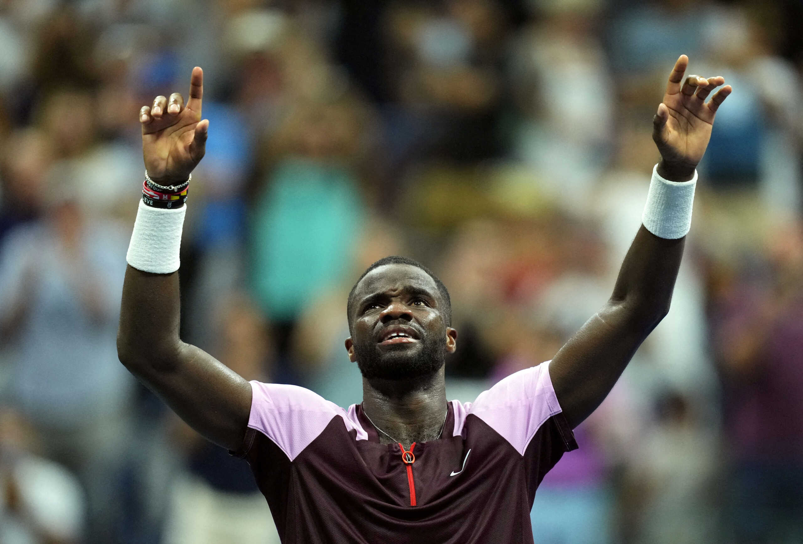 Sep 5, 2022; Flushing, NY, USA; Frances Tiafoe of the United States reacts to defeating Rafael Nadal of Spain on day eight of the 2022 U.S. Open tennis tournament at USTA Billie Jean King Tennis Center. Mandatory Credit: Danielle Parhizkaran-USA TODAY Sports     TPX IMAGES OF THE DAY