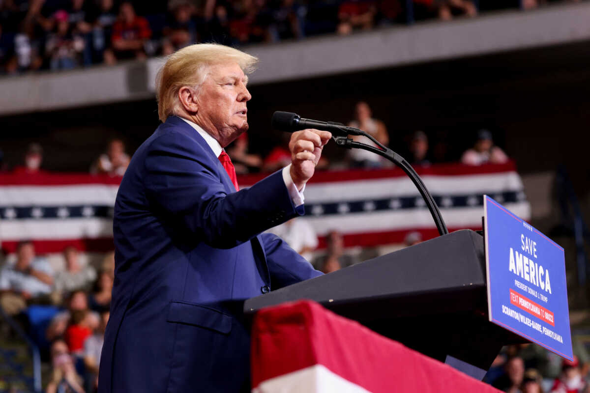 Former U.S. President Donald Trump speaks during a rally in Wilkes-Barre, Pennsylvania, U.S., September 3, 2022.  REUTERS
