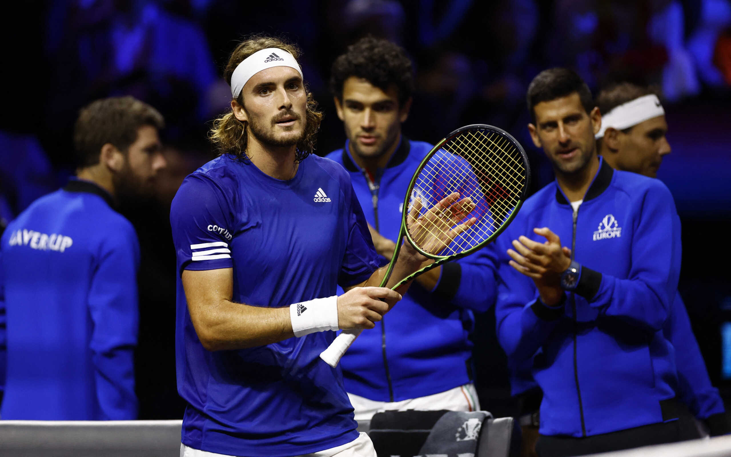Tennis - Laver Cup - 02 Arena, London, Britain - September 23, 2022 Team Europe's Stefanos Tsitsipas celebrates winning his match against Team World's Diego Schwartzman Action Images via Reuters