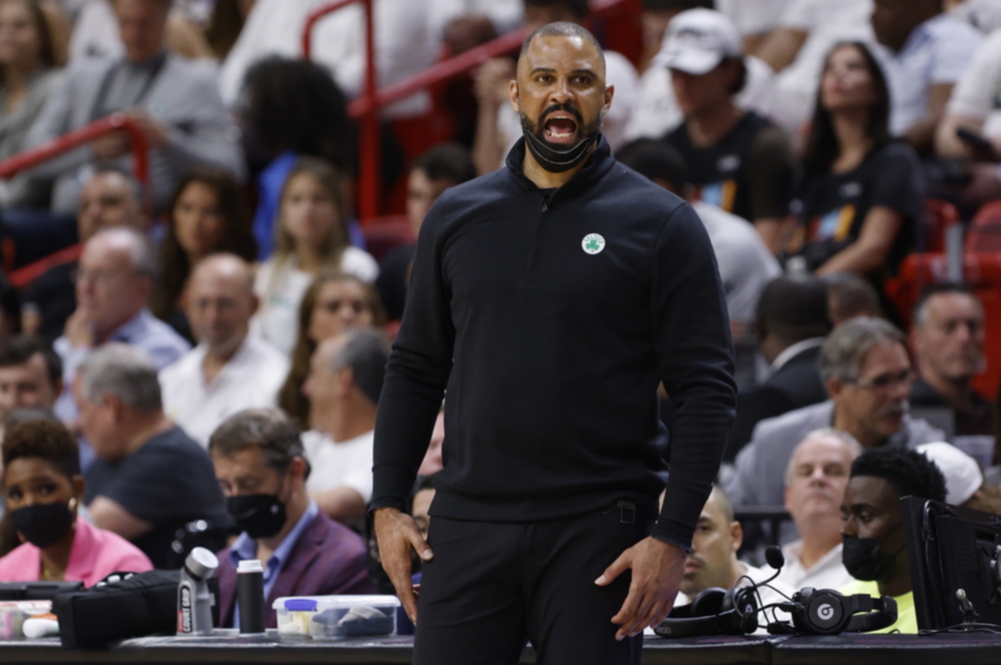 epa09959498 Boston Celtics head coach Ime Udoka reacts during the second half of Game 2 of the NBA Eastern Conference Finals between the Miami Heat and the Boston Celtics at FTX Arena, in Miami, Florida, USA, 19 May 2022.  EPA