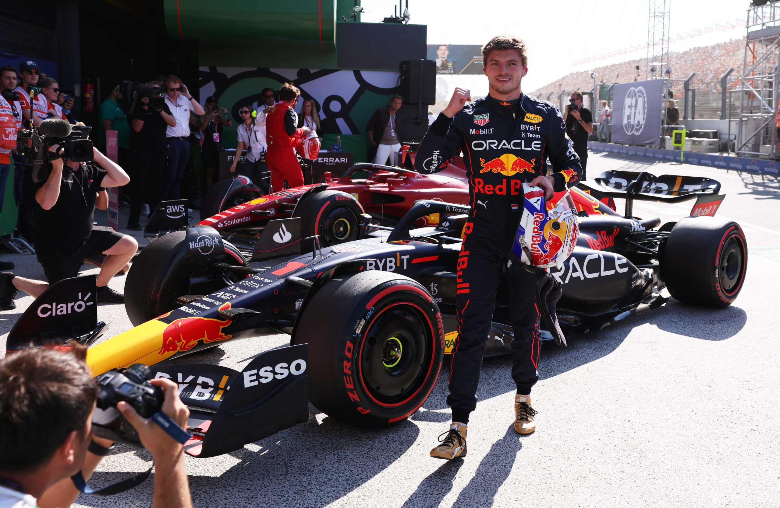 Formula One F1 - Dutch Grand Prix - Circuit Zandvoort, Zandvoort, Netherlands - September 3, 2022 Red Bull's Max Verstappen celebrates after qualifying in pole position REUTERS
