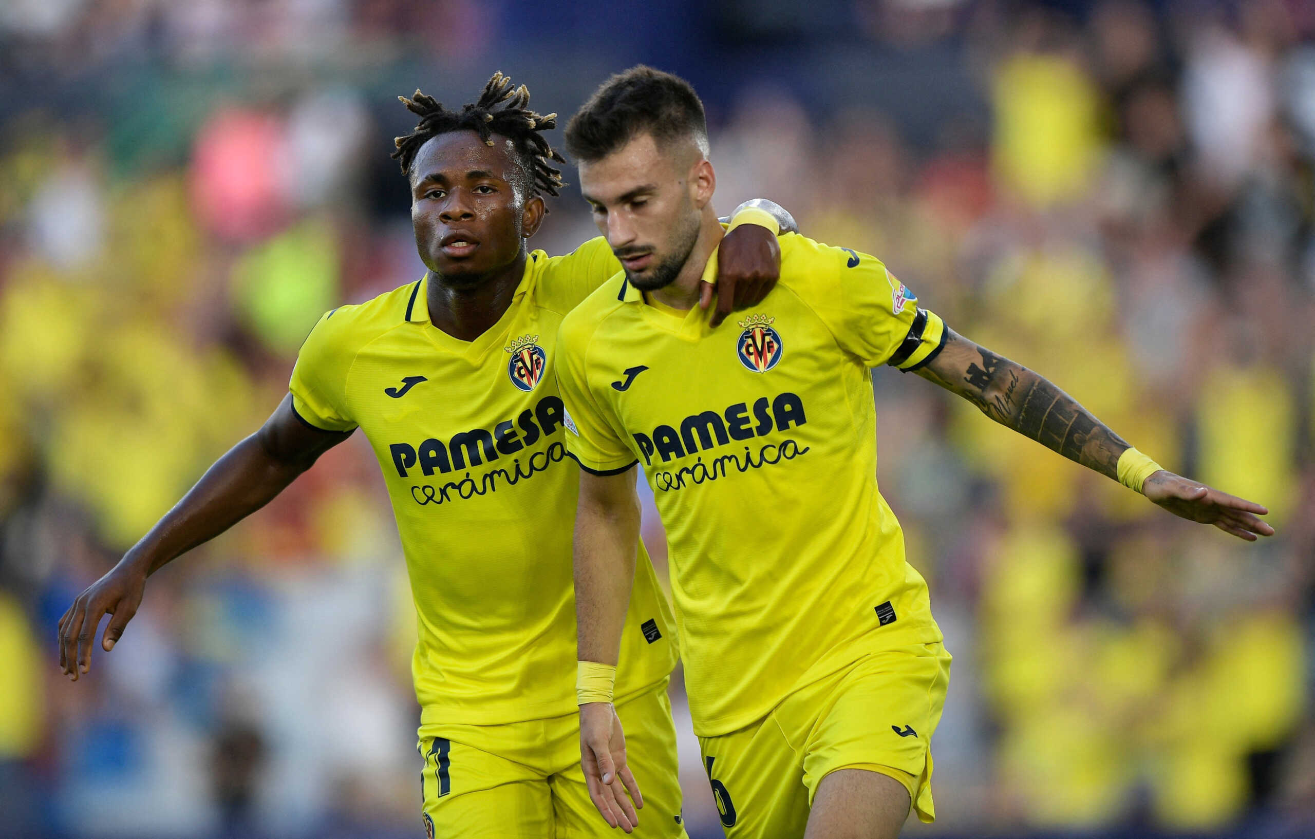 Soccer Football - Europa Conference League - Group C - Villarreal v Lech Poznan - Estadio de la Ceramica, Villarreal, Spain - September 8, 2022 Villarreal's Alex Baena celebrates scoring their third goal as with Samuel Chukwueze REUTERS
