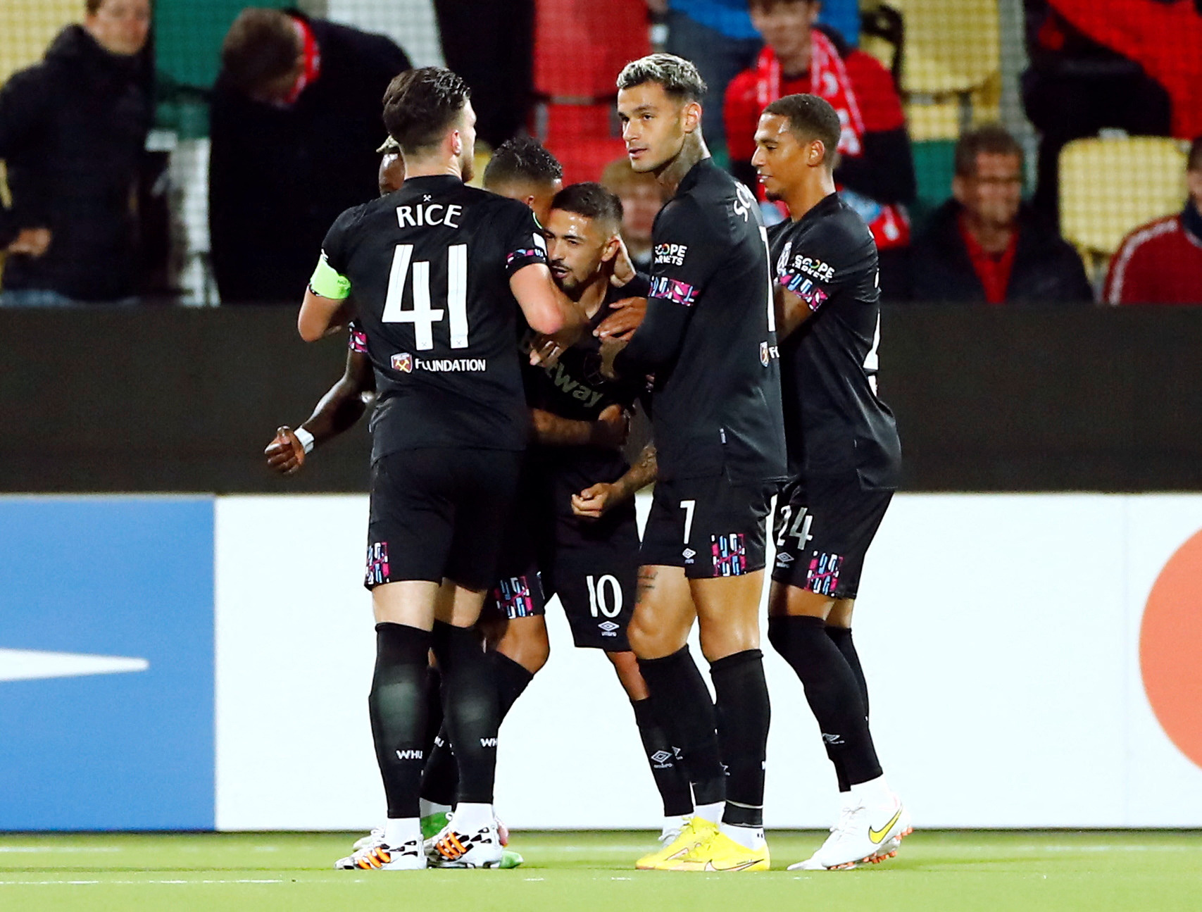 Soccer Football - Europa Conference League - Group B - Silkeborg v West Ham United - JYSK Park, Silkeborg, Denmark - September 15, 2022 West Ham United's Manuel Lanzini celebrates scoring their first goal with teammates Johnny Pedersen
